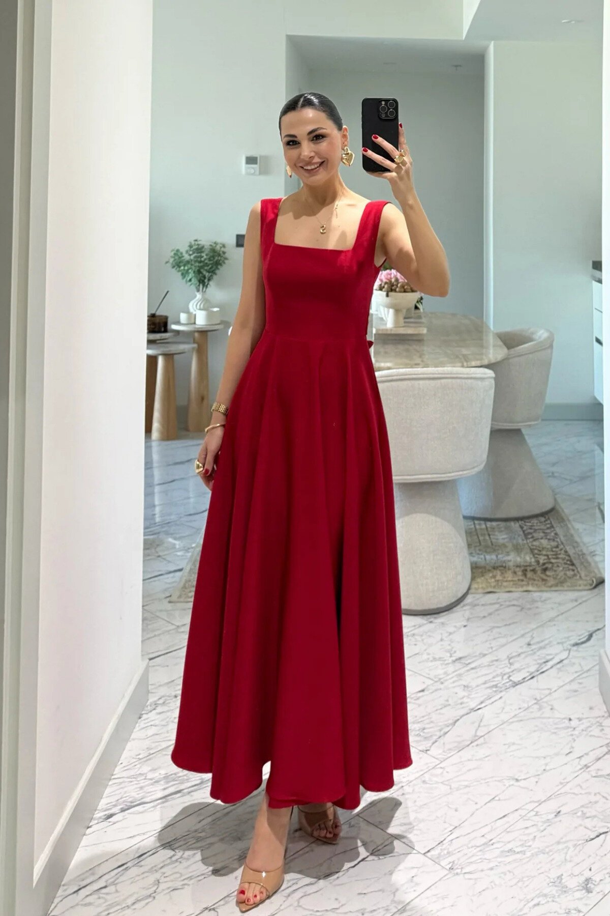 Long Square-Neck Strappy Back-Tie Dress - Red - MOZENA