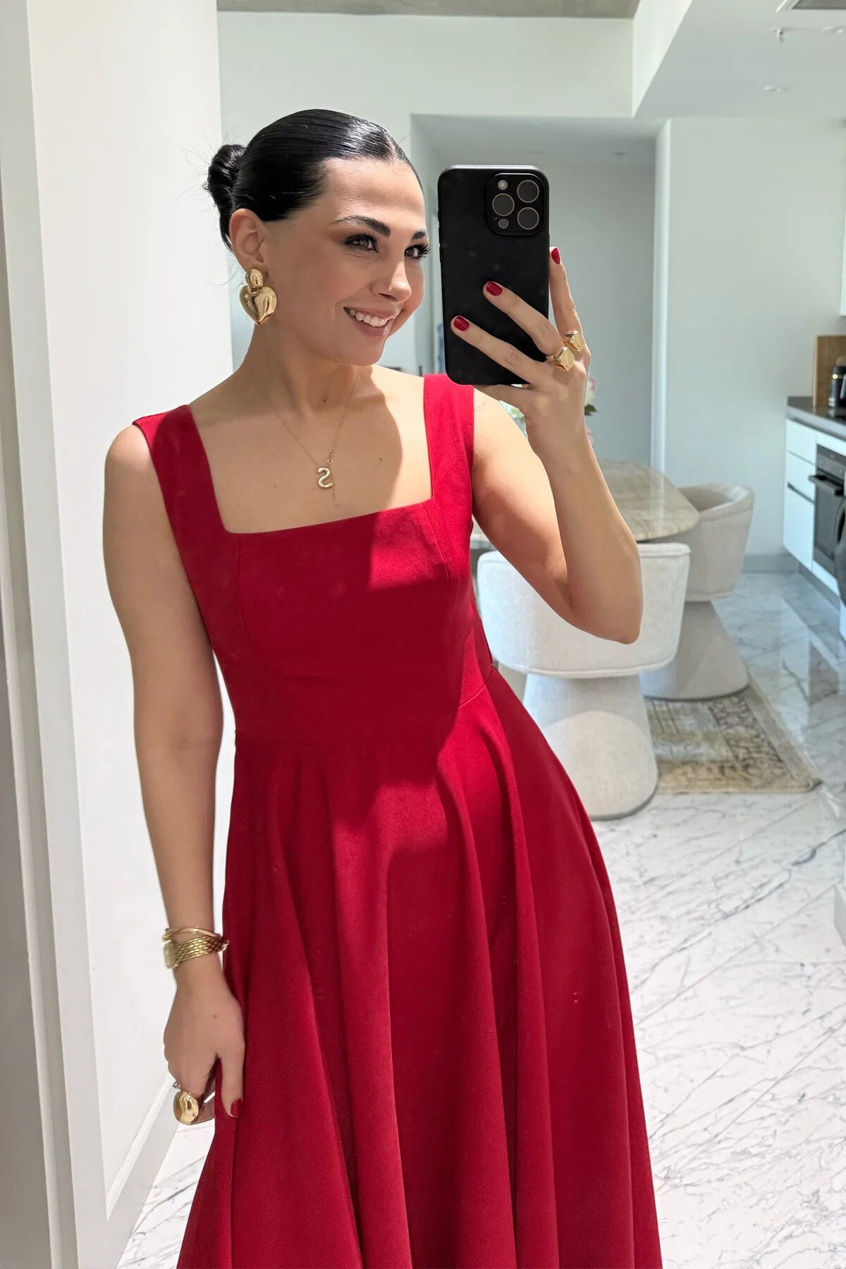 Long Square-Neck Strappy Back-Tie Dress - Red - MOZENA