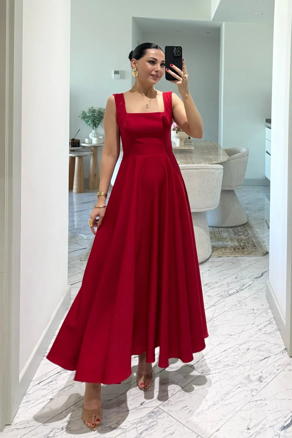 Long Square-Neck Strappy Back-Tie Dress - Red - MOZENA