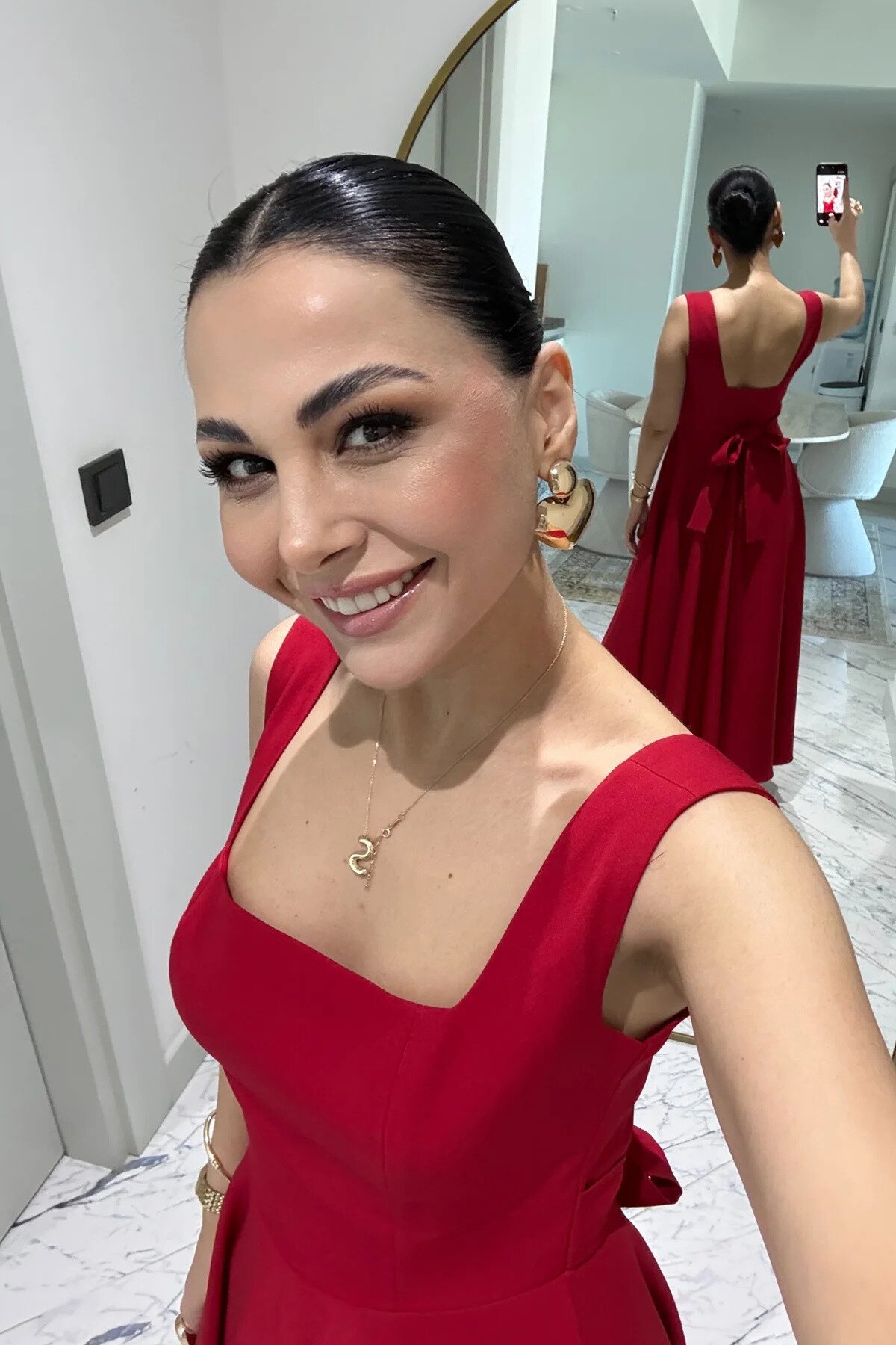 Long Square-Neck Strappy Back-Tie Dress - Red - MOZENA