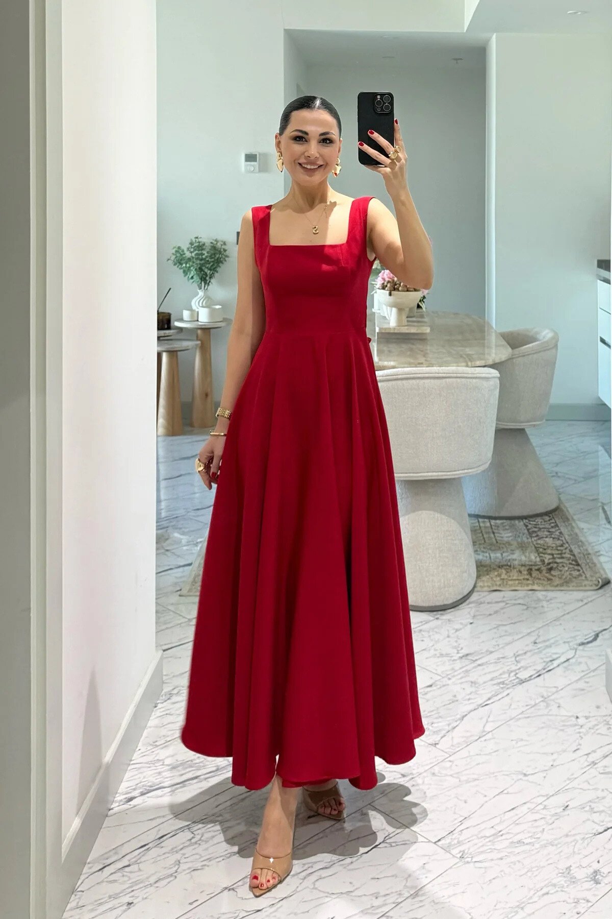 Long Square-Neck Strappy Back-Tie Dress - Red - MOZENA