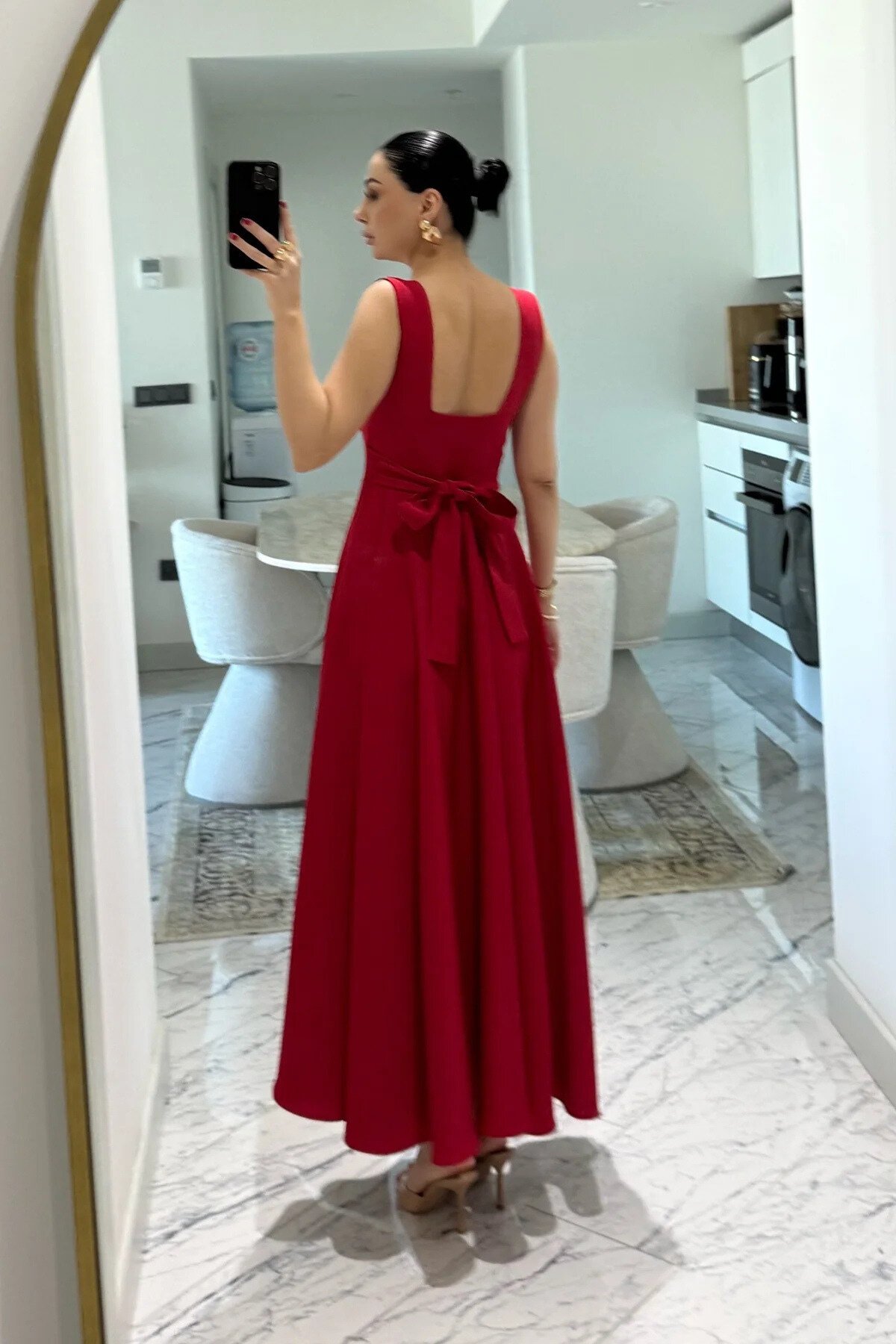 Long Square-Neck Strappy Back-Tie Dress - Red - MOZENA