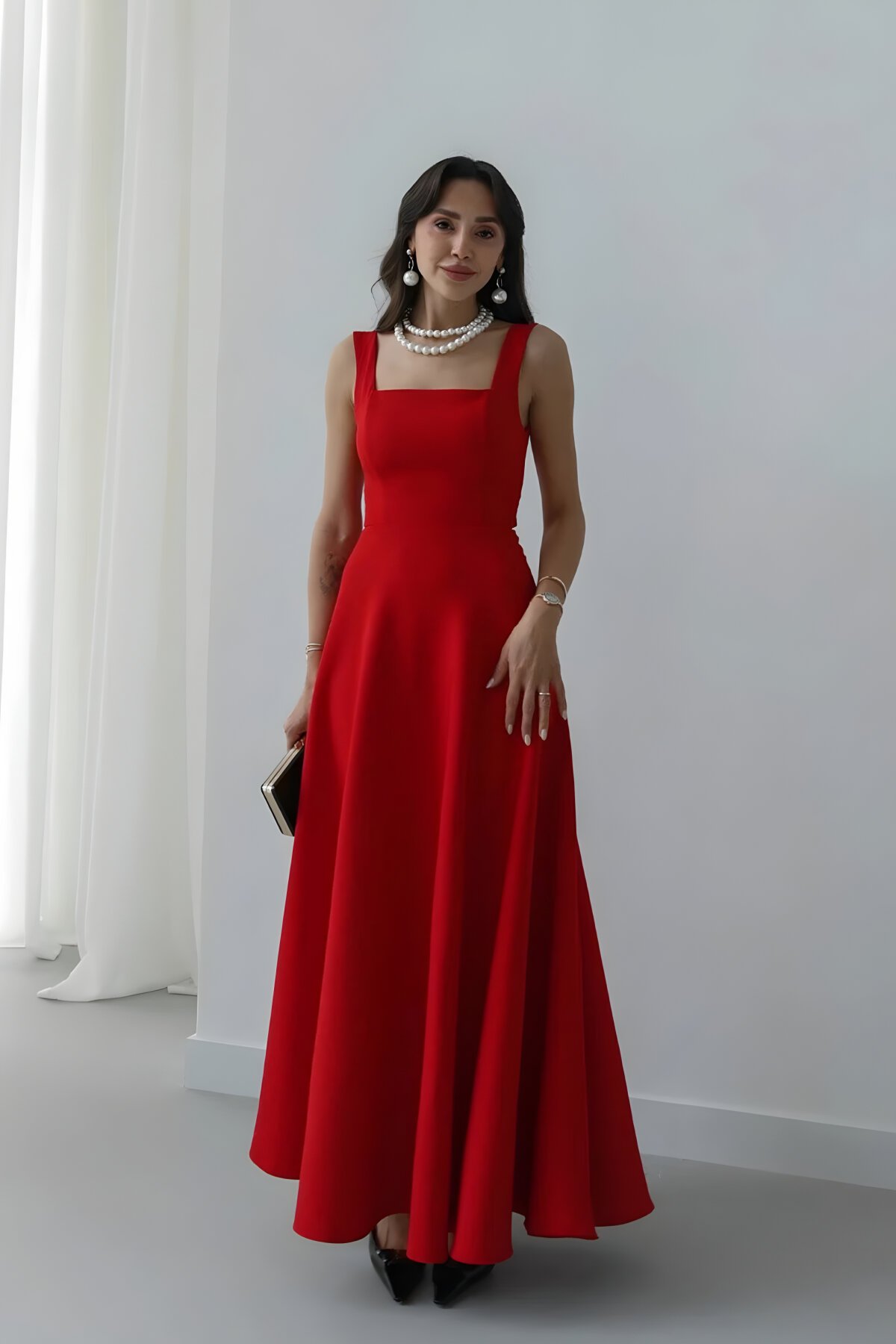 Long Strappy Square Neck Back-Tie Dress - Red - MOZENA