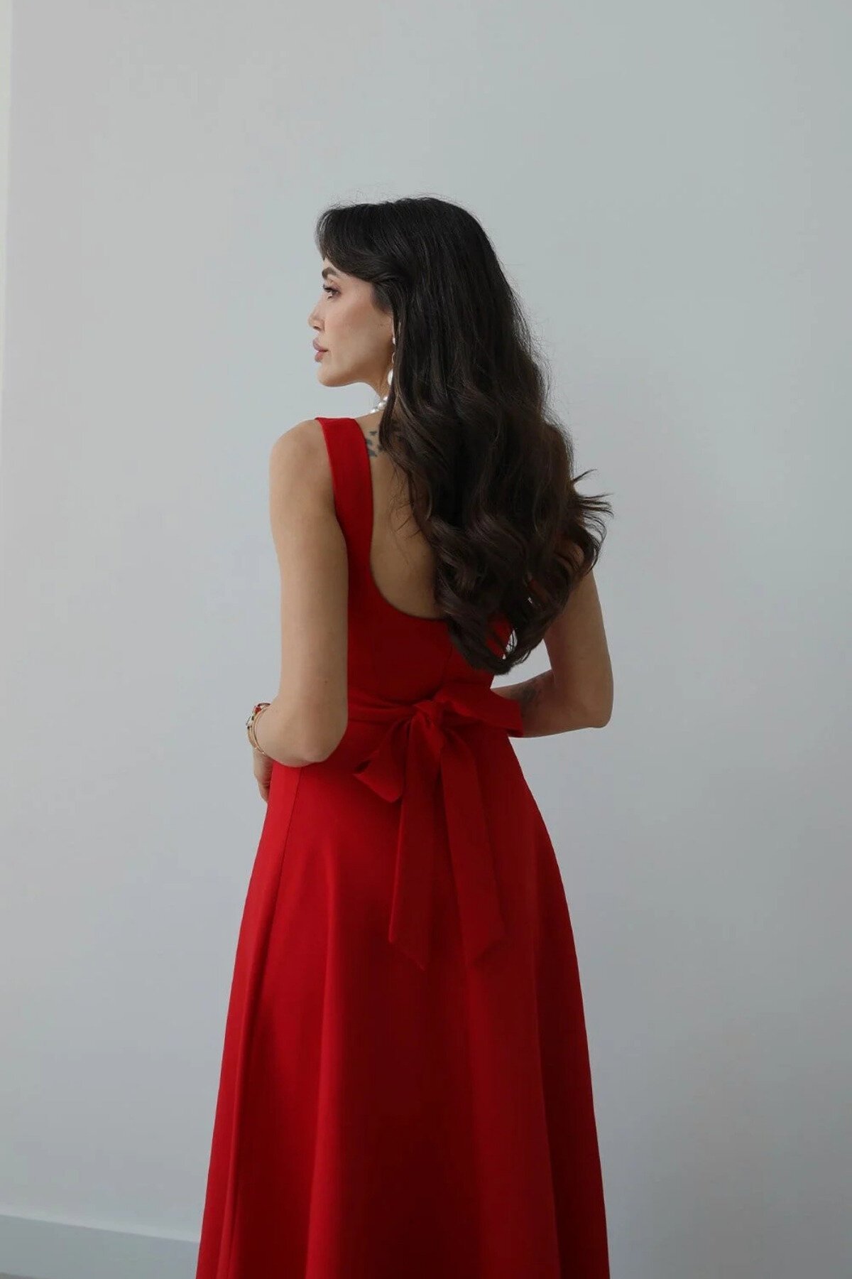 Long Strappy Square Neck Back-Tie Dress - Red - MOZENA