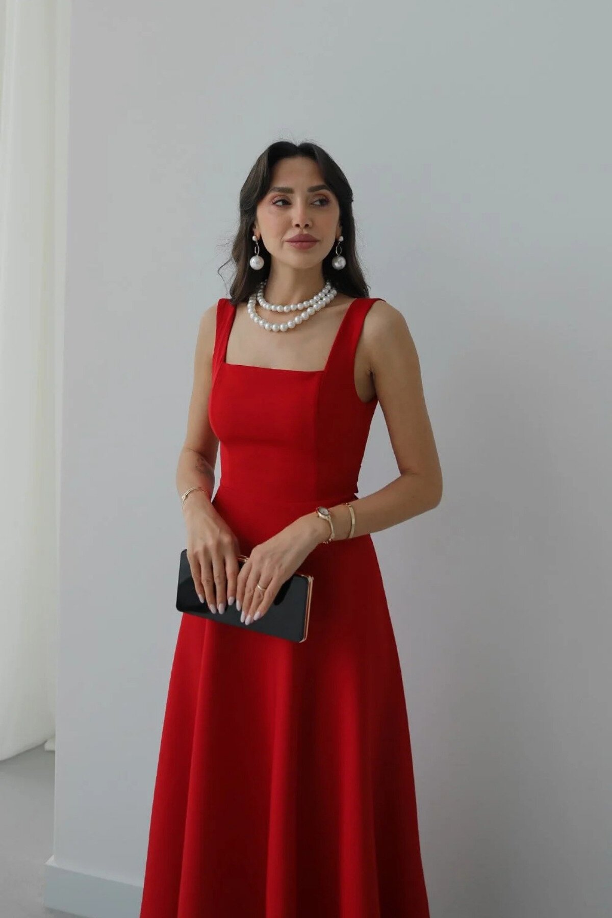 Long Strappy Square Neck Back-Tie Dress - Red - MOZENA