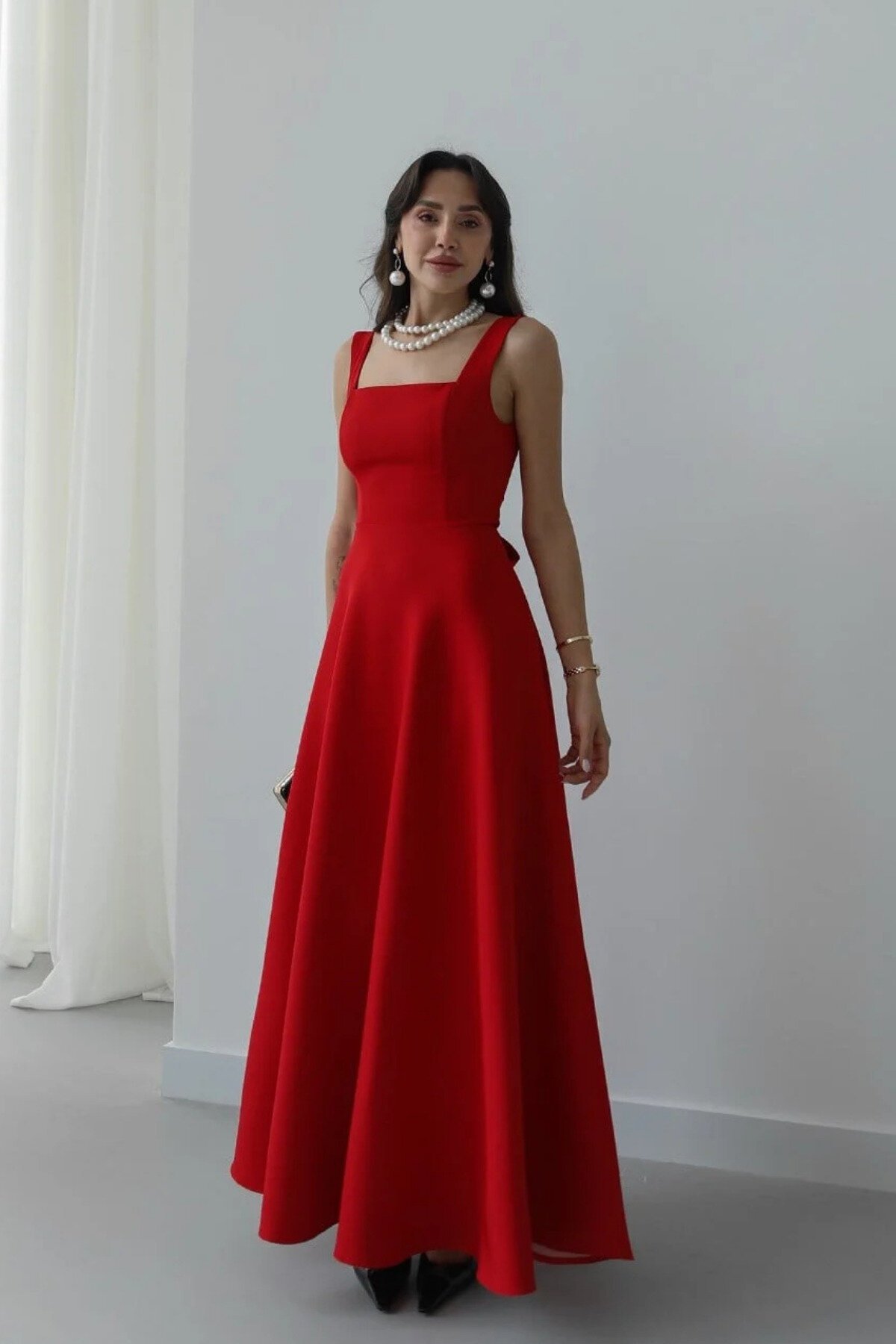 Long Strappy Square Neck Back-Tie Dress - Red - MOZENA