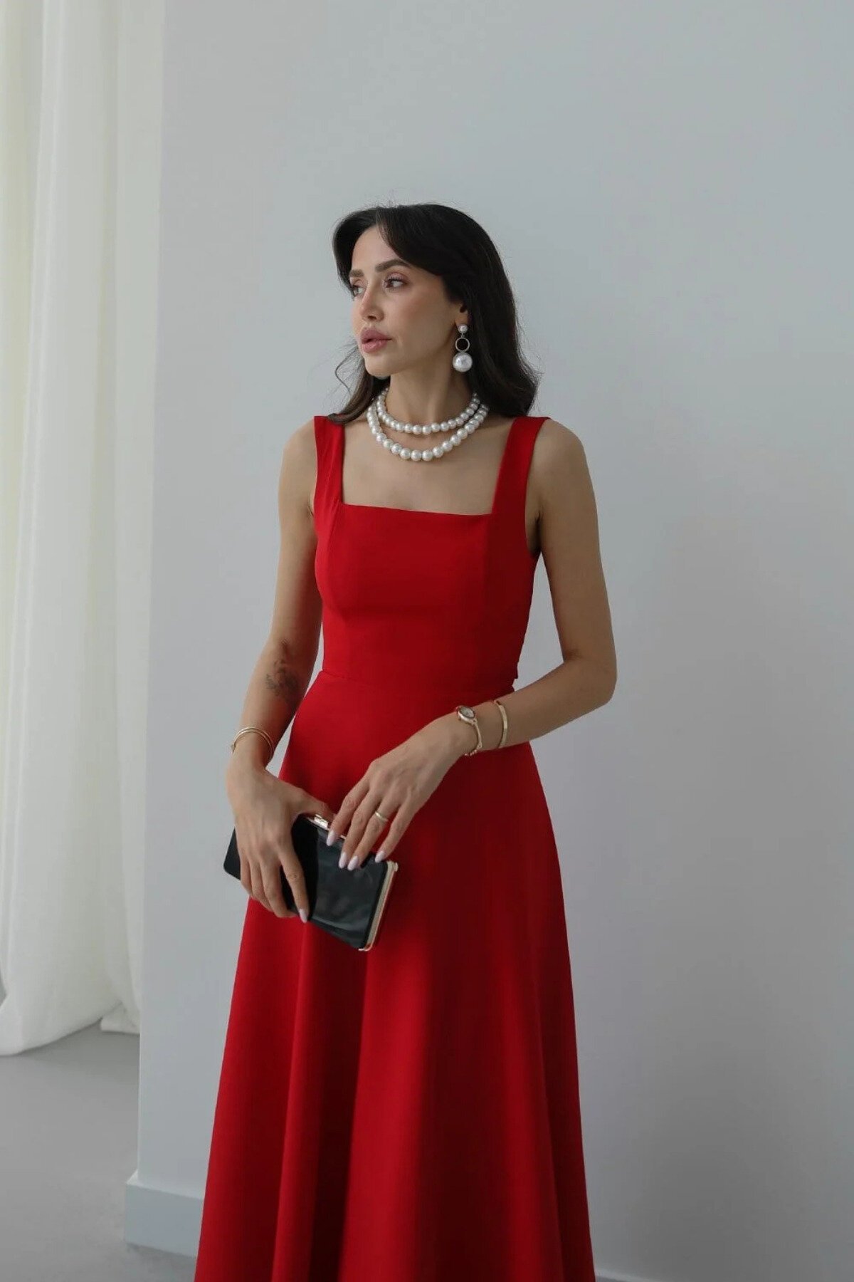 Long Strappy Square Neck Back-Tie Dress - Red - MOZENA