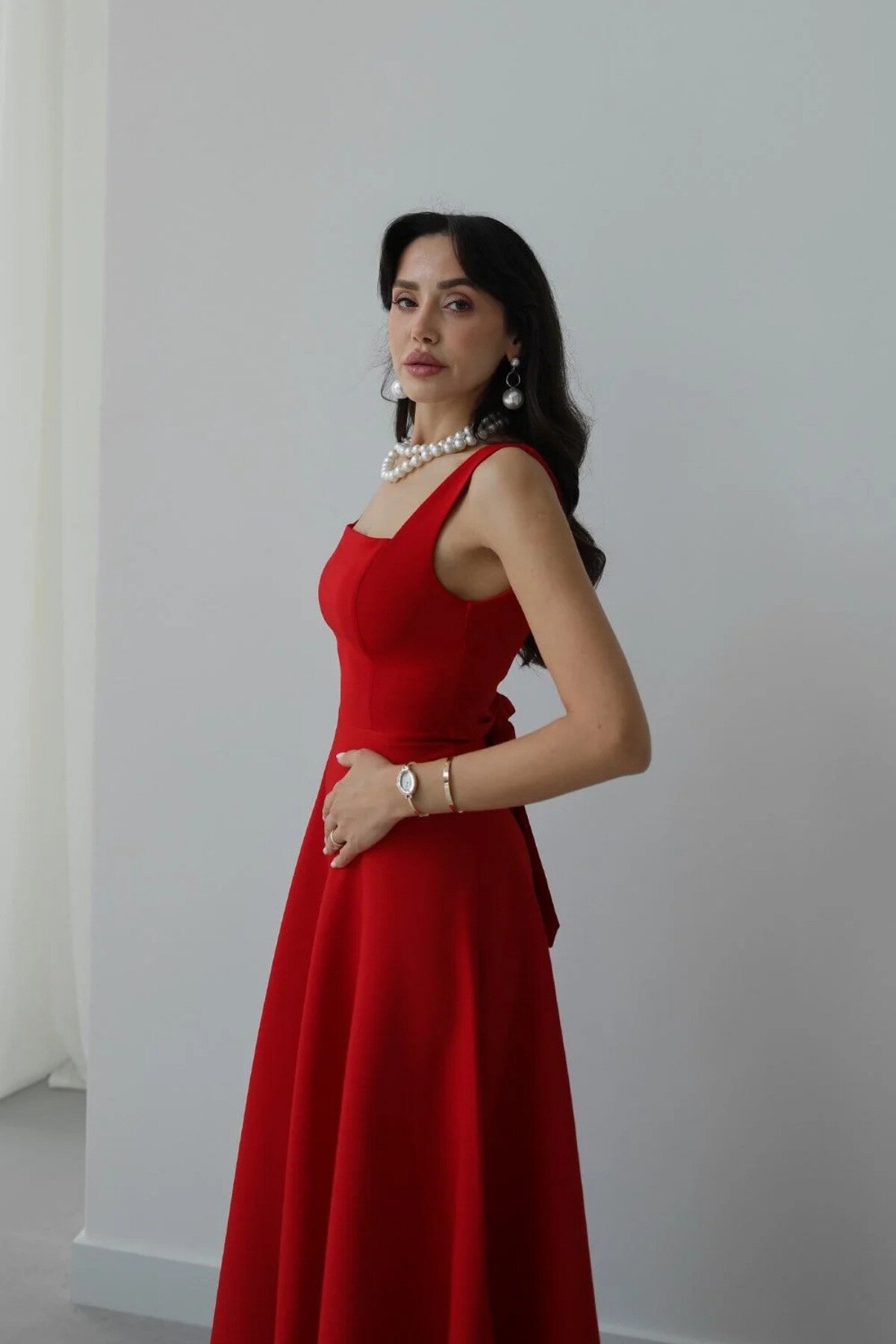 Long Strappy Square Neck Back-Tie Dress - Red - MOZENA