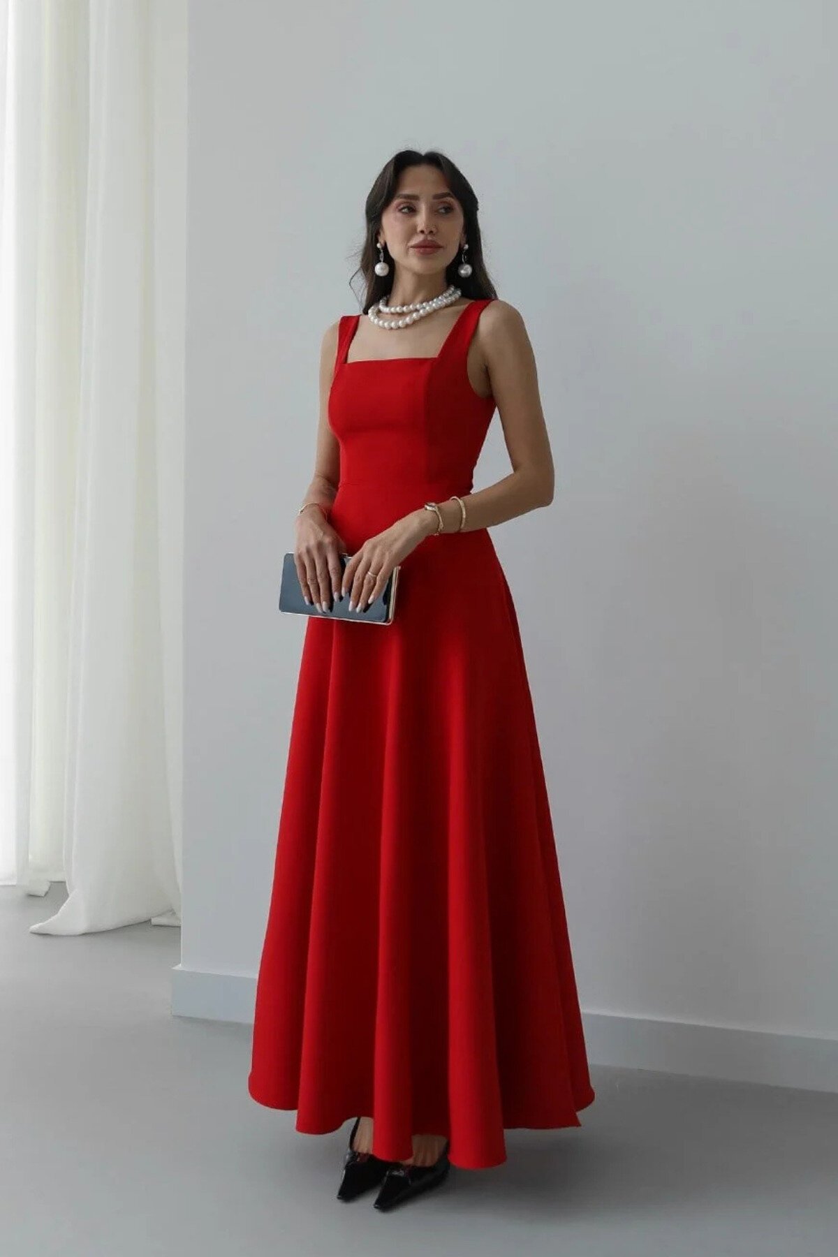 Long Strappy Square Neck Back-Tie Dress - Red - MOZENA