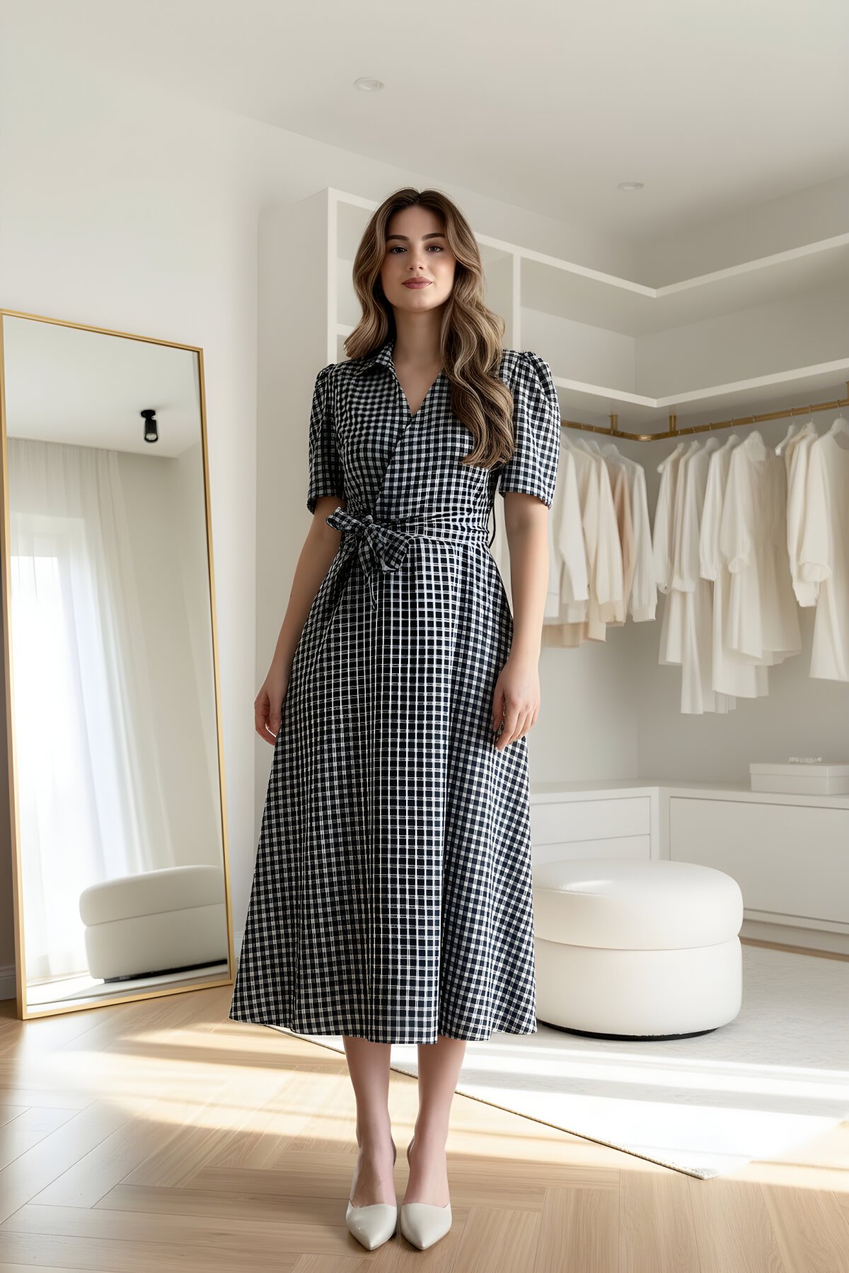 Midi Wrap Plaid Shirt Collar Belted Dress - Navy Blue - MOZENA