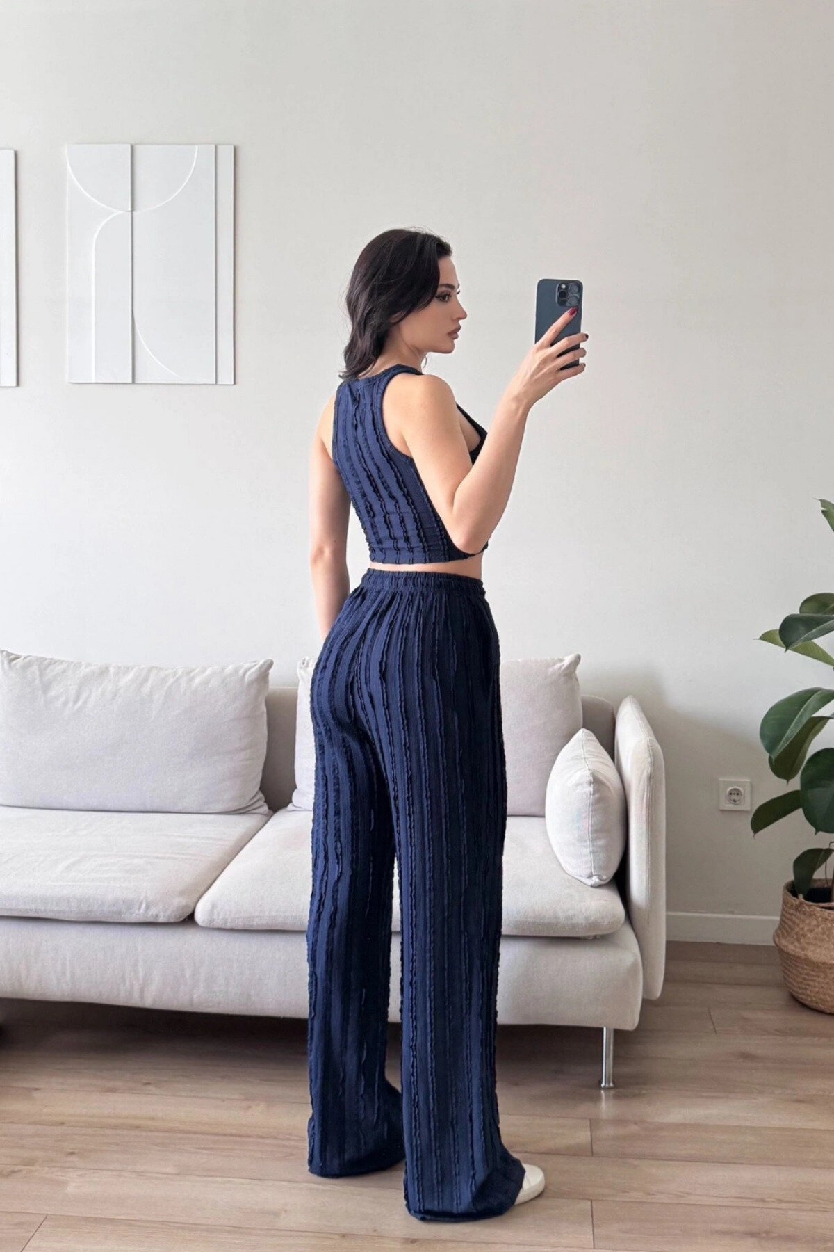 Lacivert Halter Yaka Ters Dikiş Crop Pantolon Takım - MOZENA