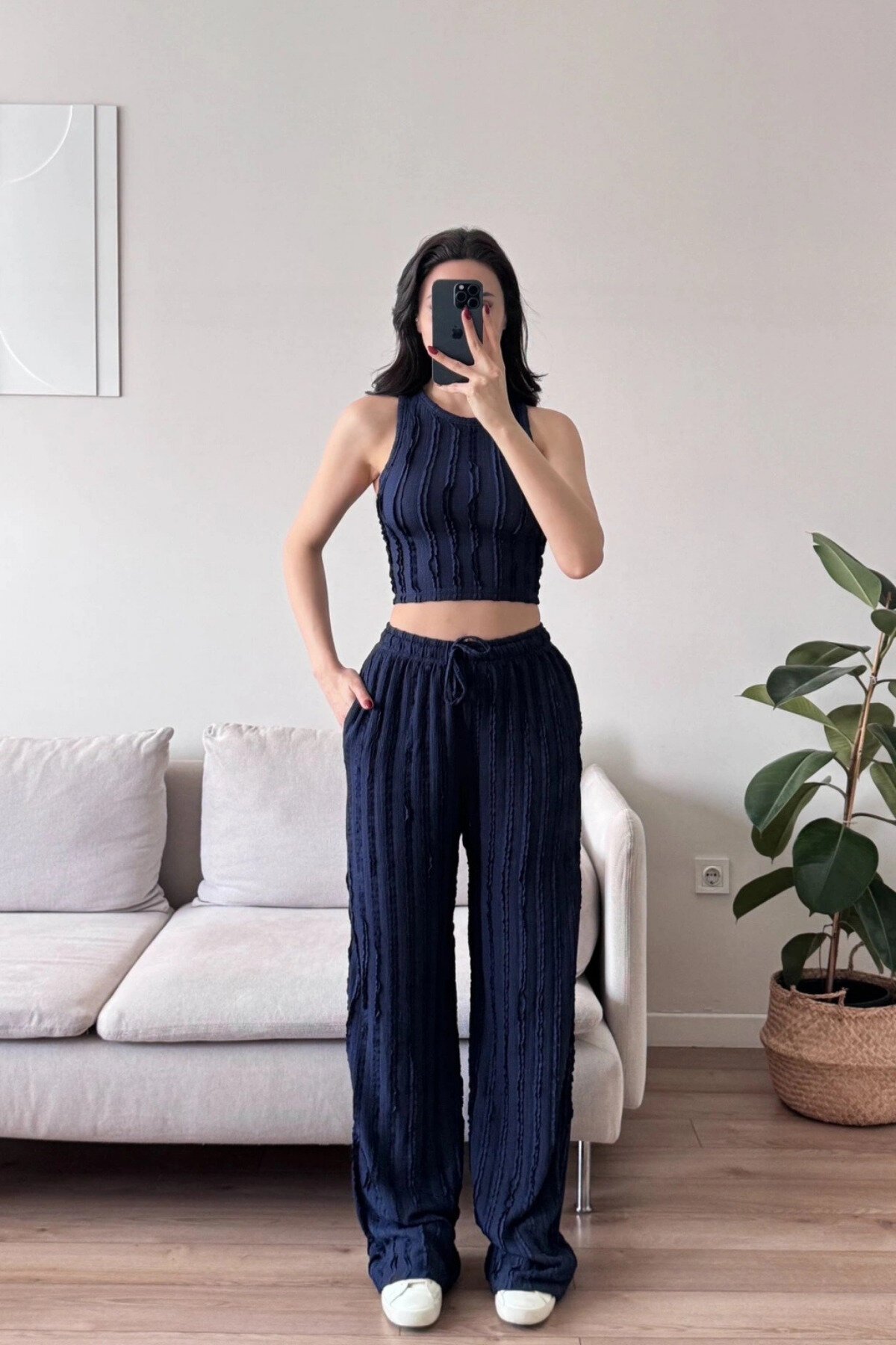 Lacivert Halter Yaka Ters Dikiş Crop Pantolon Takım - MOZENA