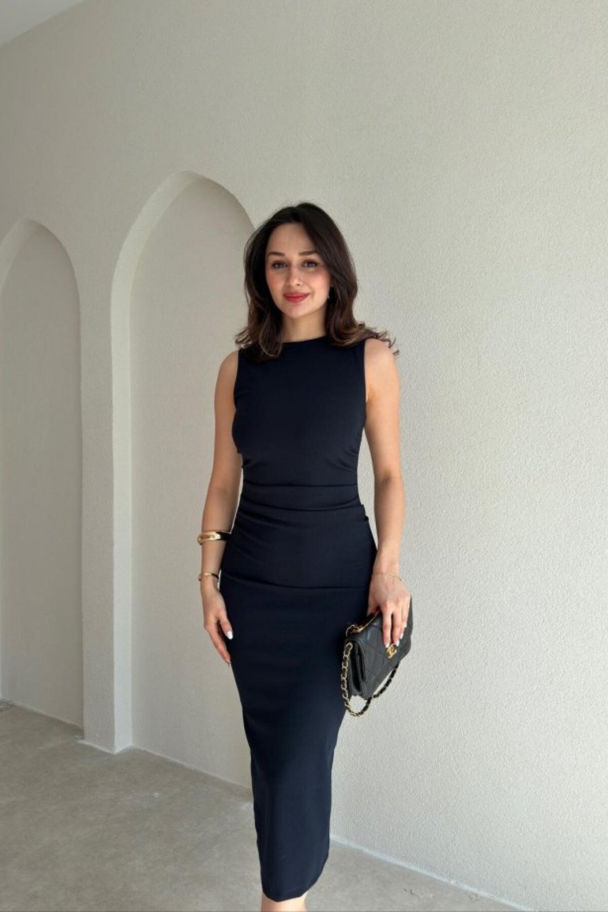Midi Draped Back Slit Dress - Navy - MOZENA