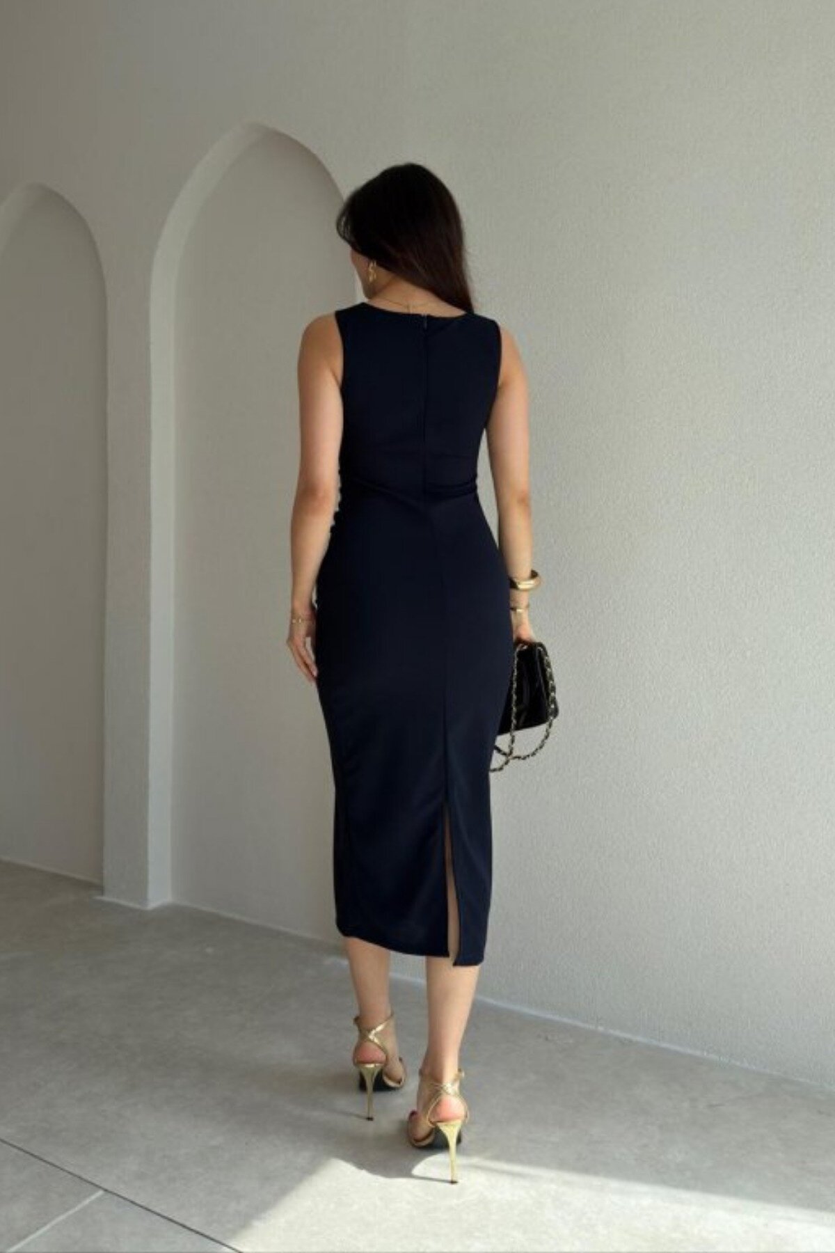 Midi Draped Back Slit Dress - Navy - MOZENA