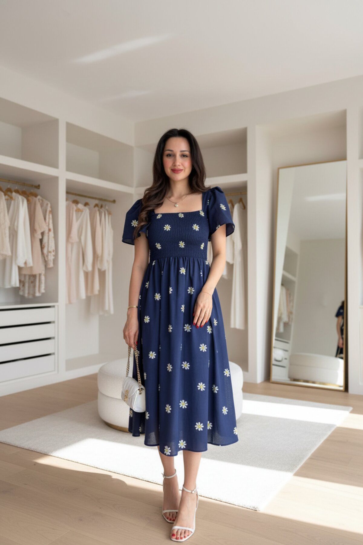 Lacivert Papatya Desenli Midi Gipeli Kare Yaka Elbise - MOZENA