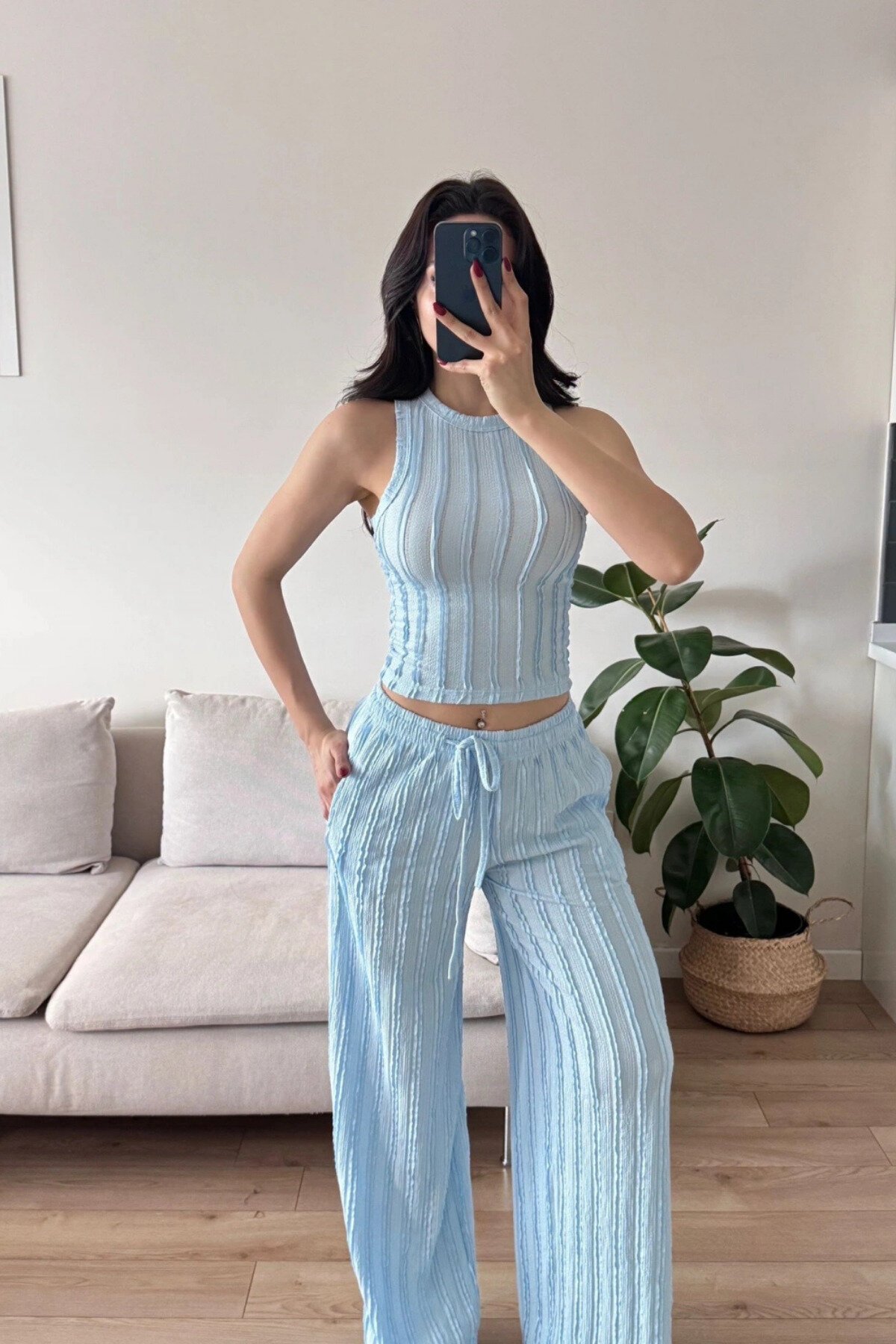 Mavi Halter Yaka Ters Dikiş Crop Pantolon Takım - MOZENA