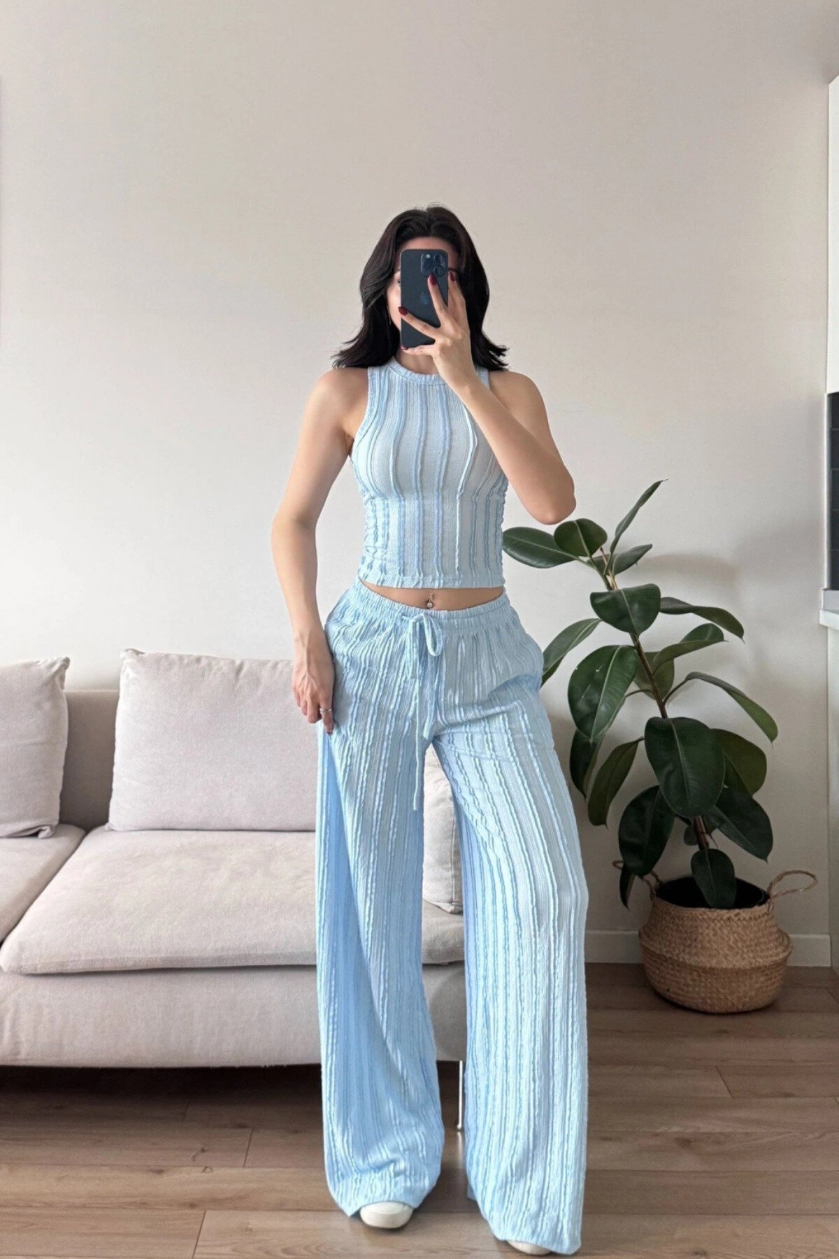 Mavi Halter Yaka Ters Dikiş Crop Pantolon Takım - MOZENA