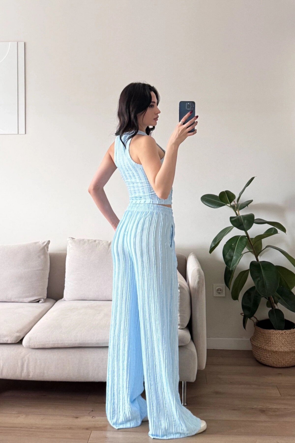 Mavi Halter Yaka Ters Dikiş Crop Pantolon Takım - MOZENA