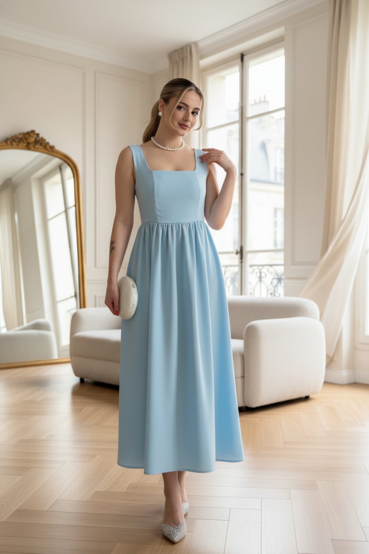 Mavi Kare Yaka Uzun Midi Sırt Dekolteli Fiyonklu Elbise - MOZENA