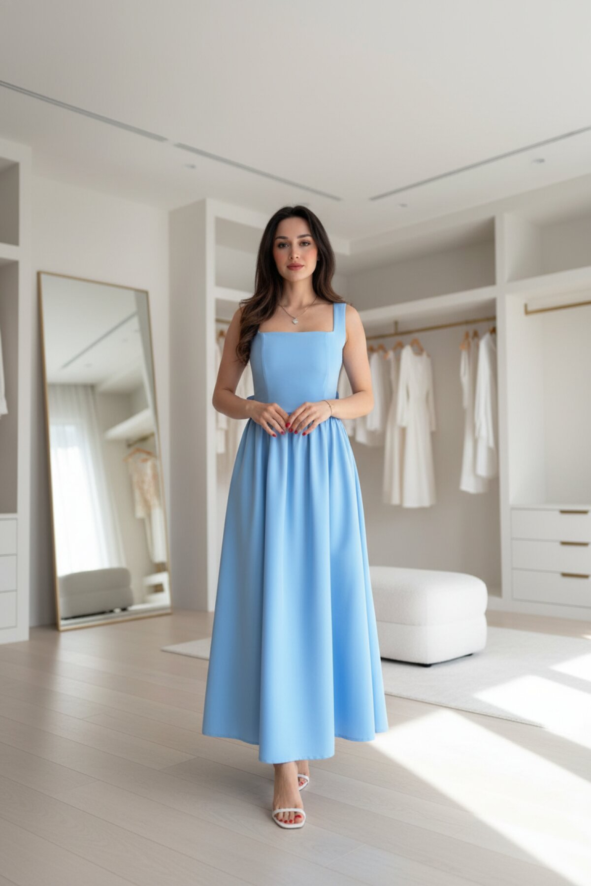 Mavi Midi Sırt Dekolteli Kare Yaka Elbise - MOZENA