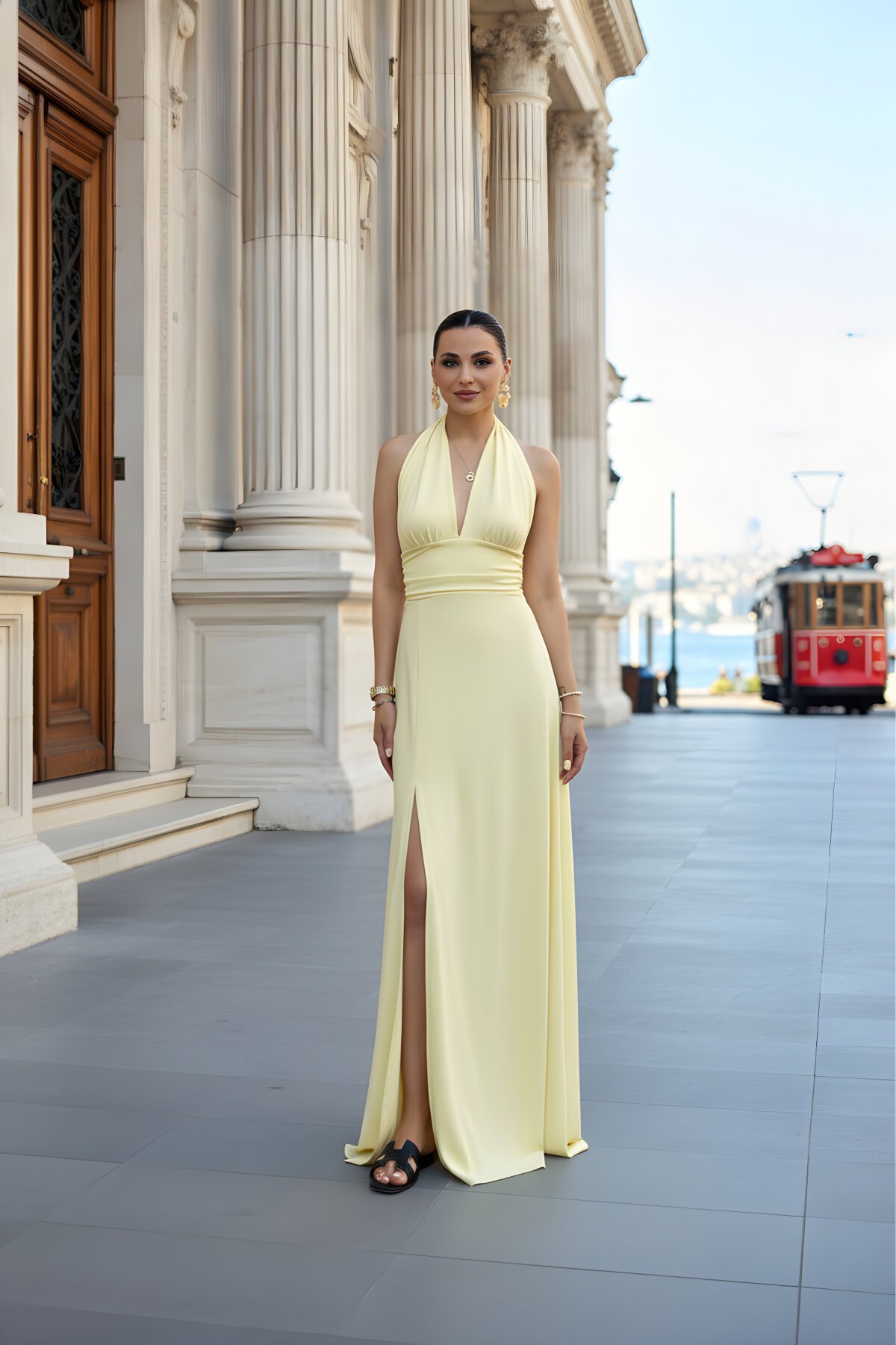 Long Halter-Neck Backless Slit Evening Dress - Yellow - MOZENA