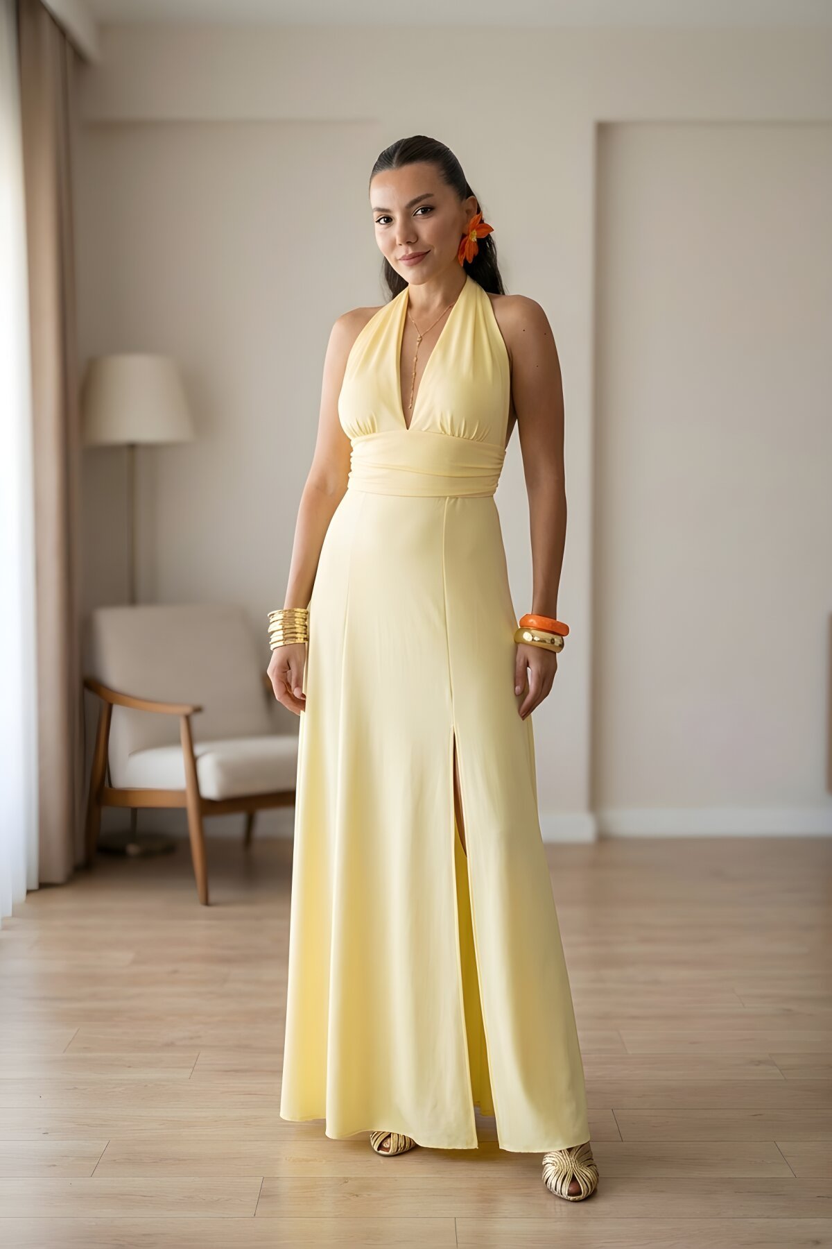 Long Halter Neck Backless Slit Dress - Yellow - MOZENA