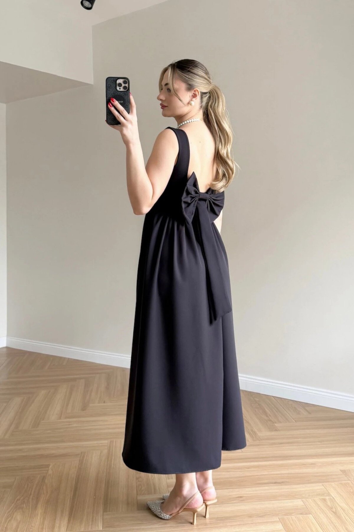 Long Midi Square-Neck Backless Bow Dress - Black - MOZENA