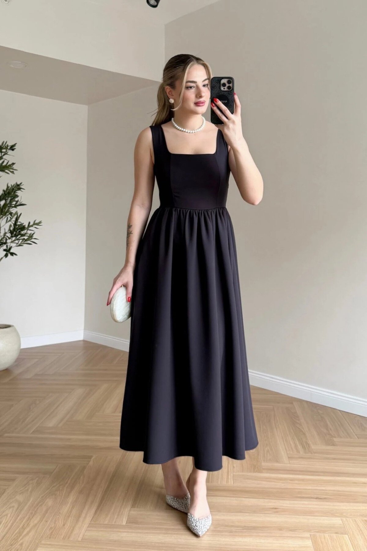 Long Midi Square-Neck Backless Bow Dress - Black - MOZENA