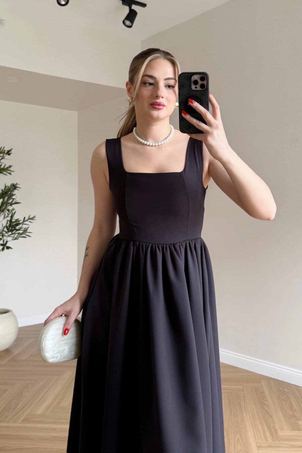 Long Midi Square-Neck Backless Bow Dress - Black - MOZENA
