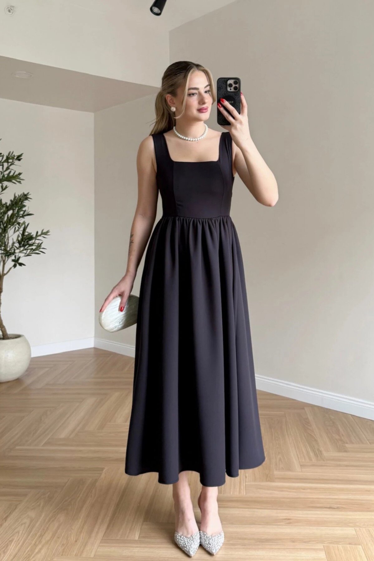 Long Midi Square-Neck Backless Bow Dress - Black - MOZENA