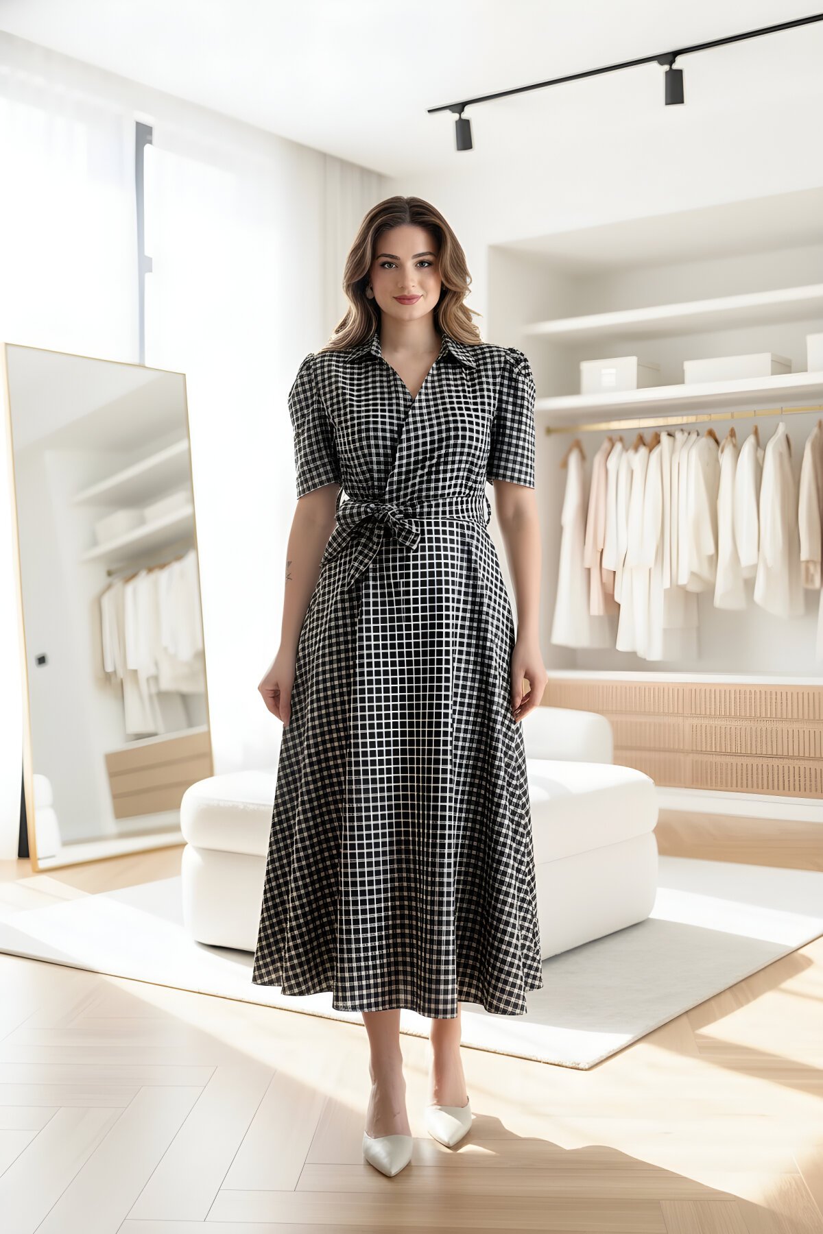 Midi Wrap Plaid Shirt-Collar Belted Dress - Black - MOZENA