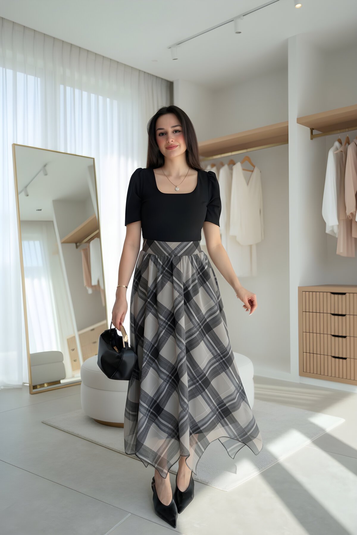 فستان ميدي أسود بتفاصيل كاروهات وياقة مربعة وتنورة غير متماثلة - MOZENA