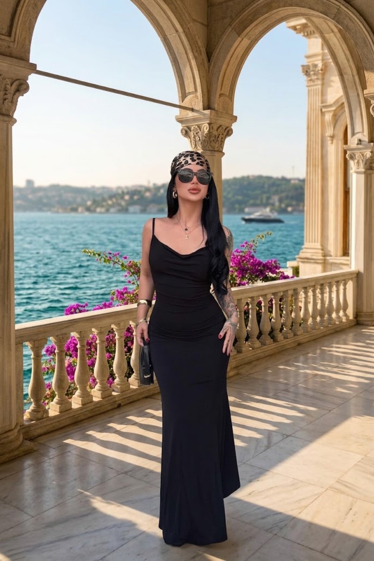 فستان ميدي أسود بياقة درابيه وفتحة جانبية - MOZENA