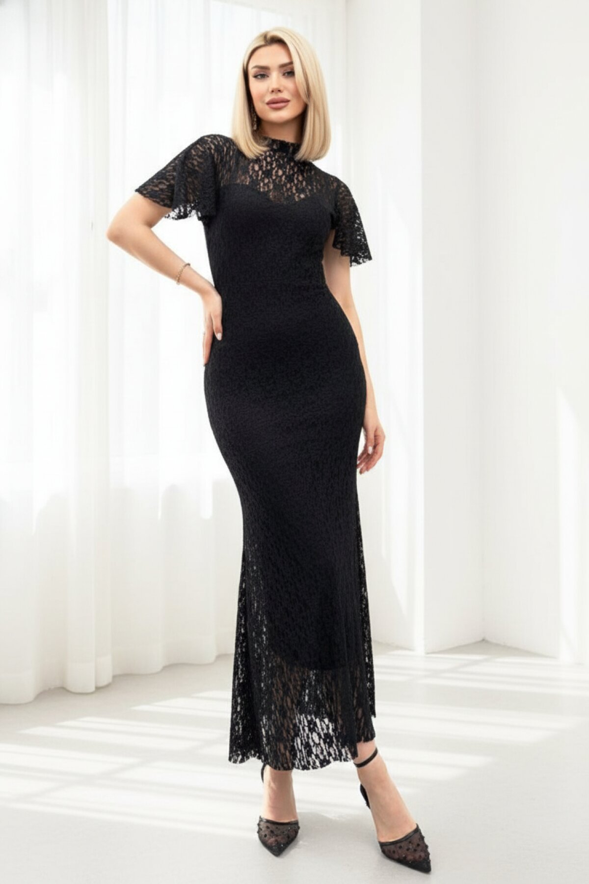 Midi Lace-Detail Dress - Black - MOZENA