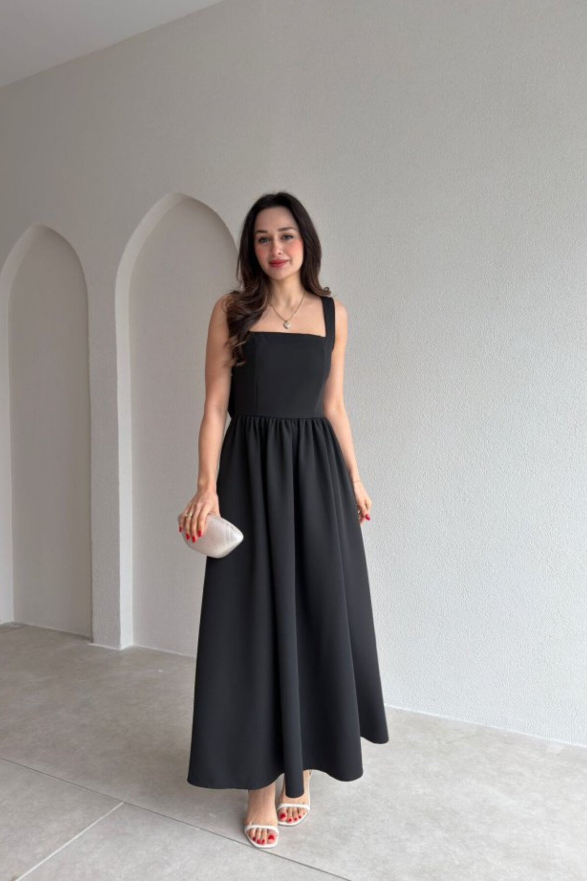 Midi Square-Neck Bow-Detail Dress - Black - MOZENA