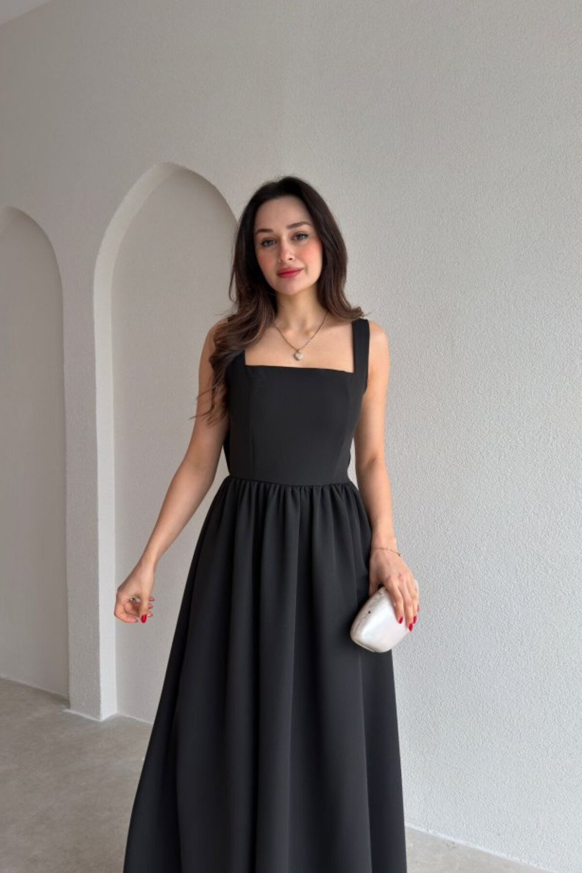 Midi Square-Neck Bow-Detail Dress - Black - MOZENA