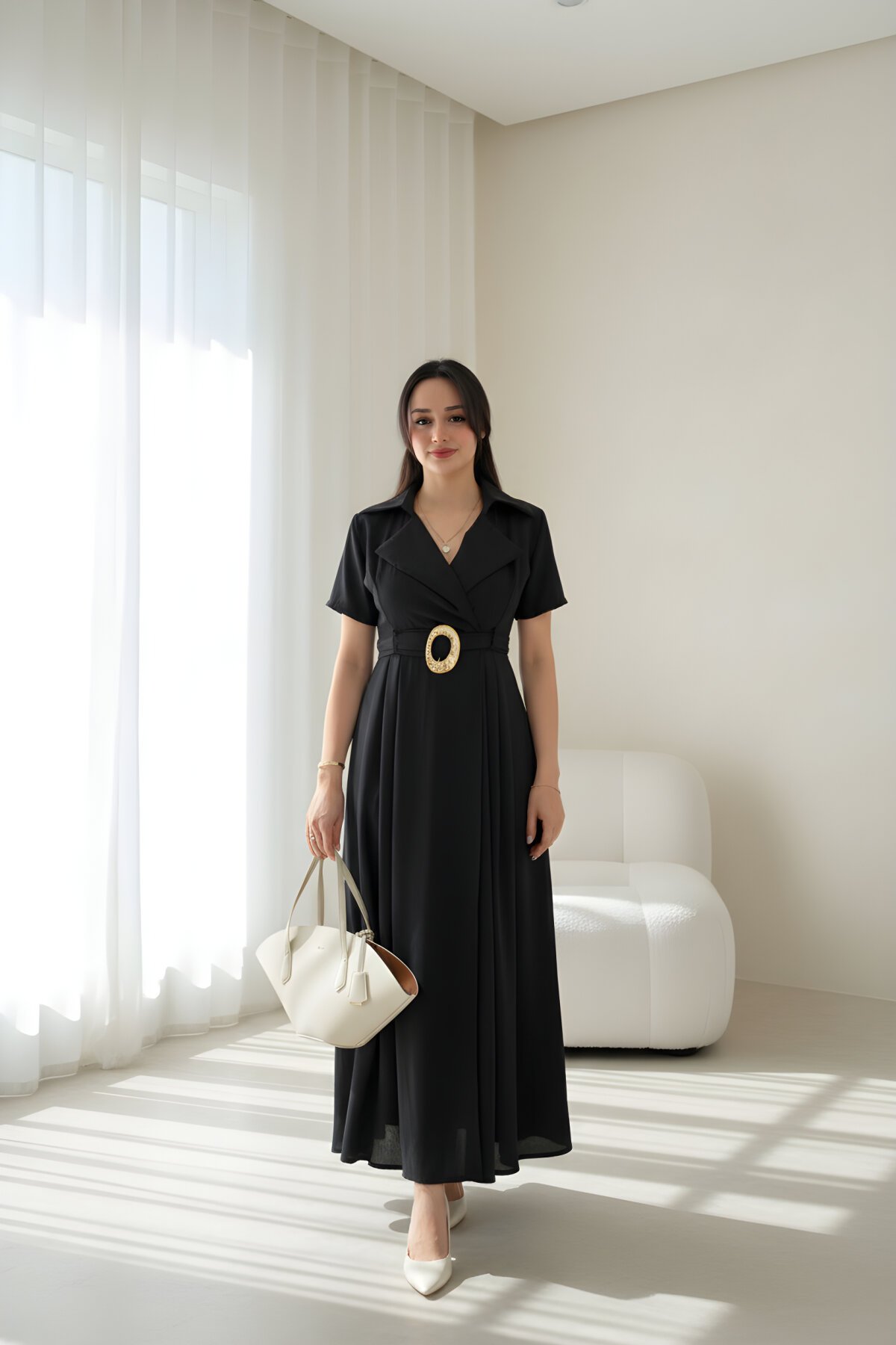 فستان ميدي أسود بياقة كروفيز بحزام من التينسل - MOZENA