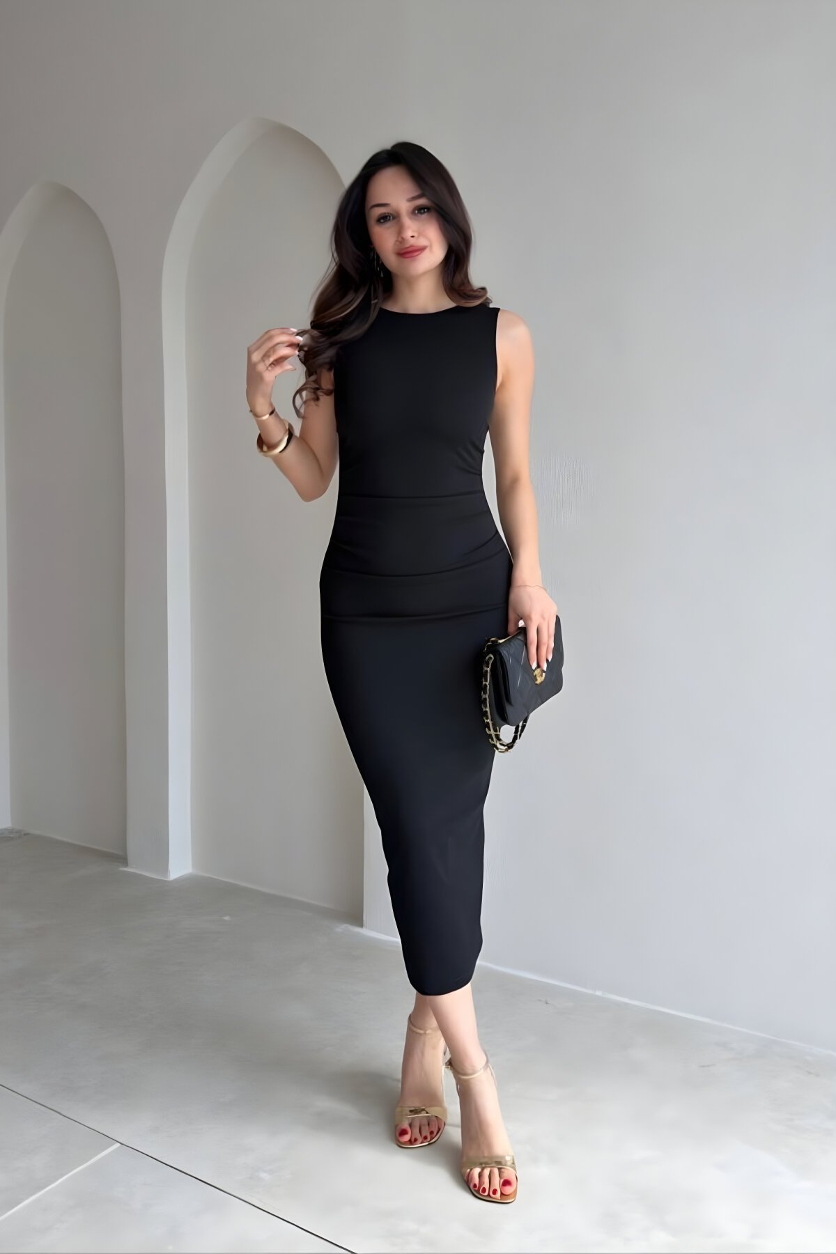 Midi Sleeveless Crepe Draped Back Slit Dress - Black - MOZENA