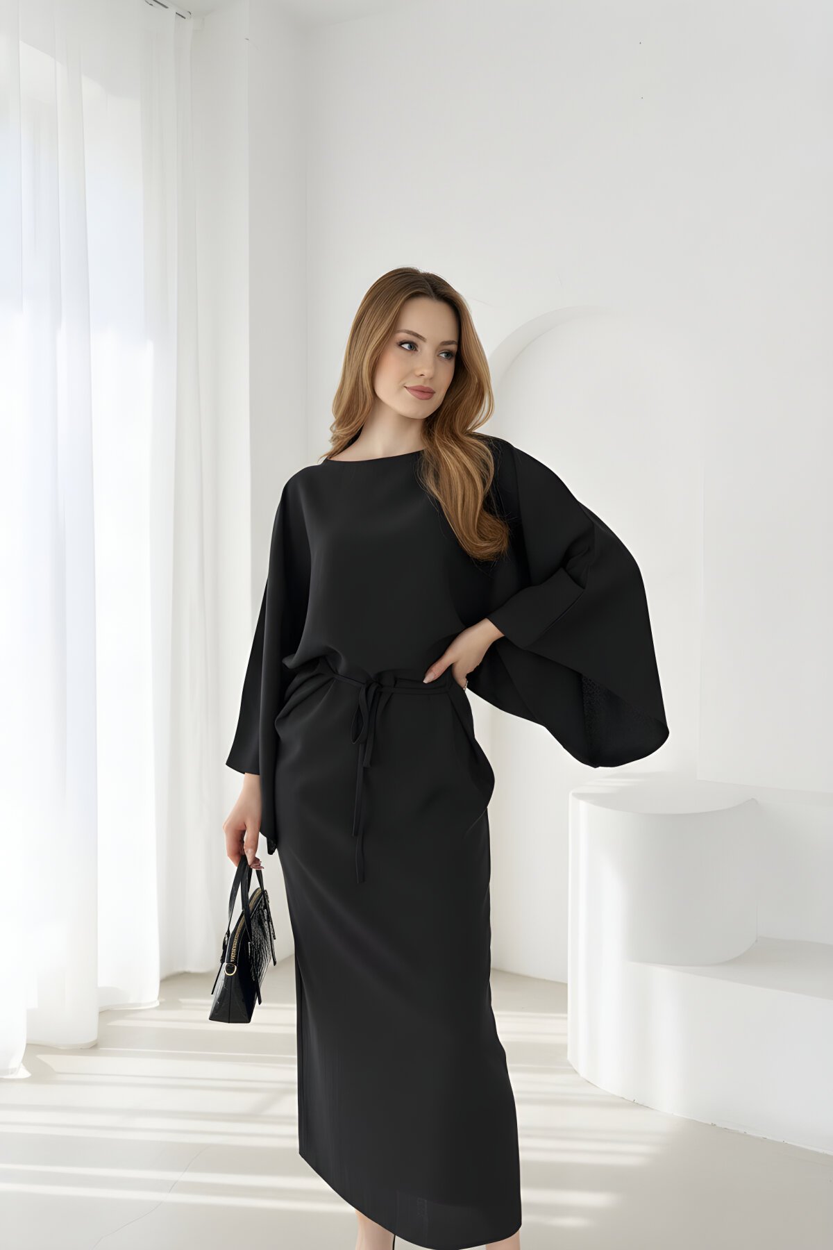 Midi Modal Waist-tie Bell-Sleeve Dress - Black - MOZENA