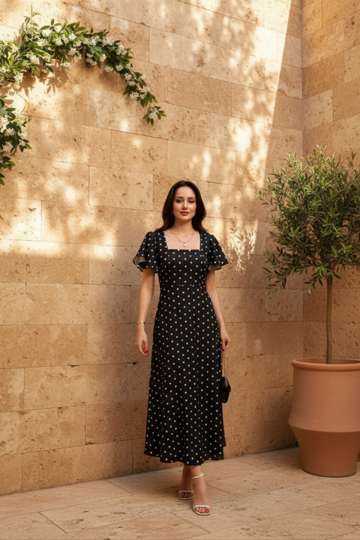 Siyah Puantiye Desenli Midi Volanlı Elbise - MOZENA