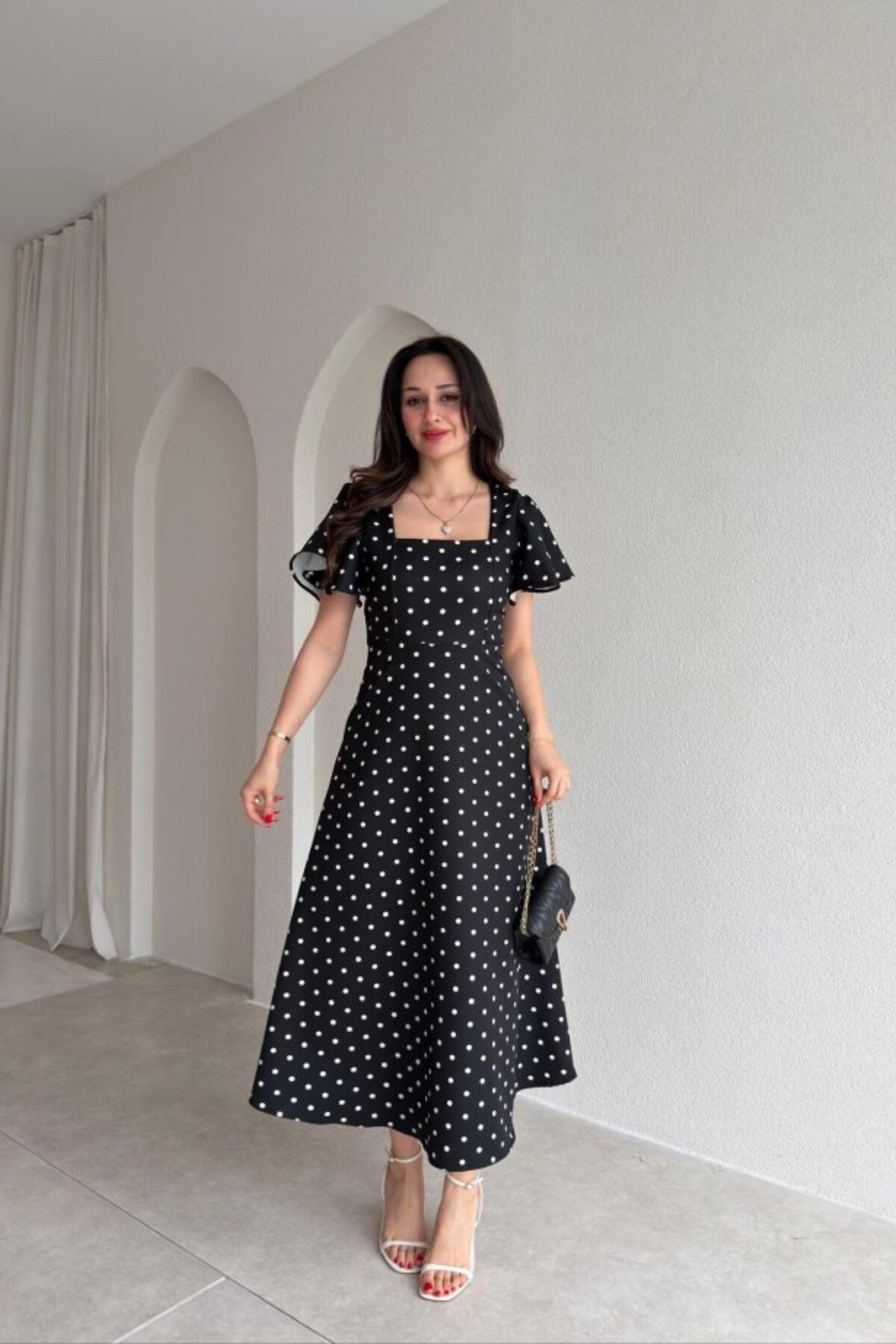 Midi Polka Dot Ruffle Dress - Black - MOZENA