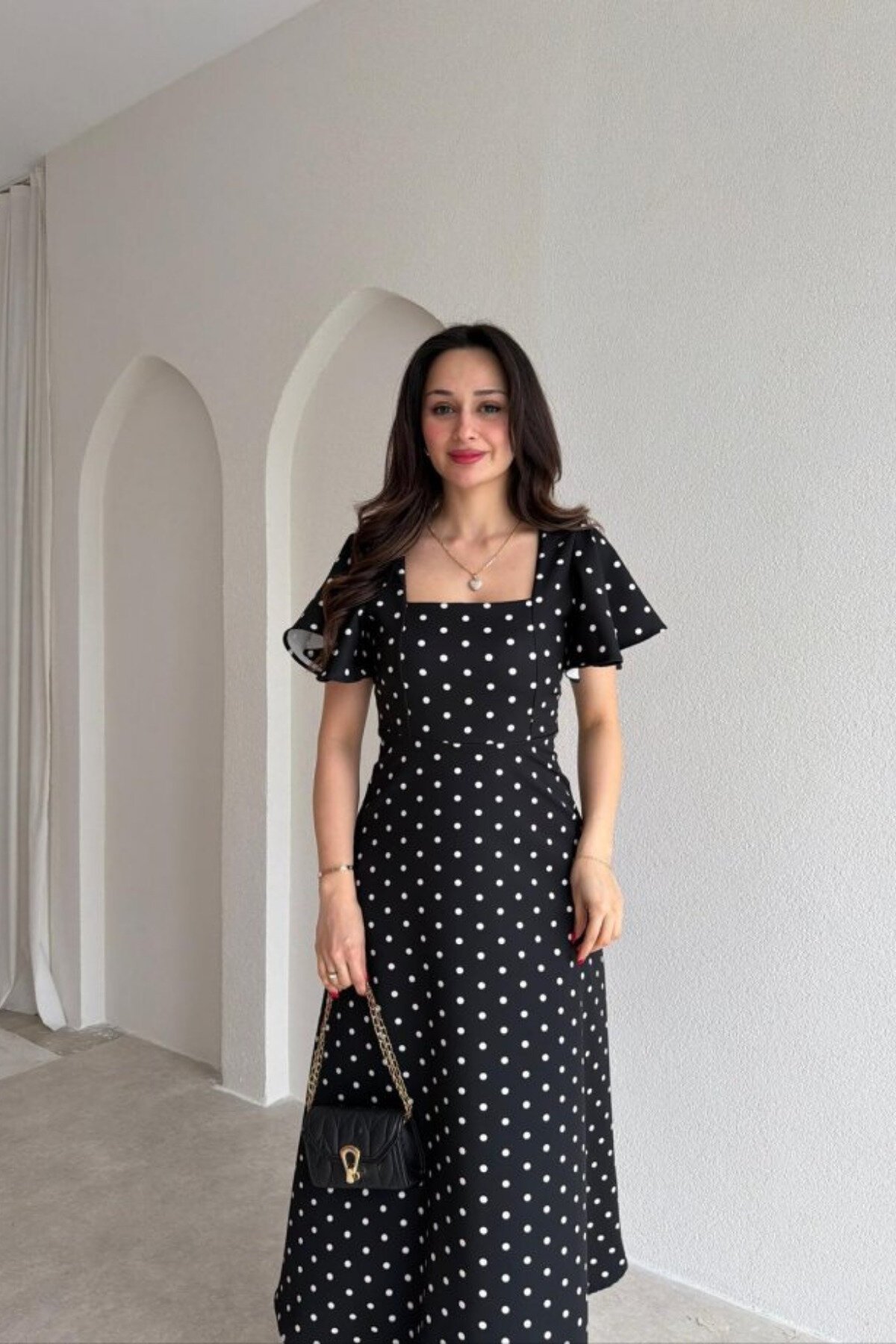 Midi Polka Dot Ruffle Dress - Black - MOZENA