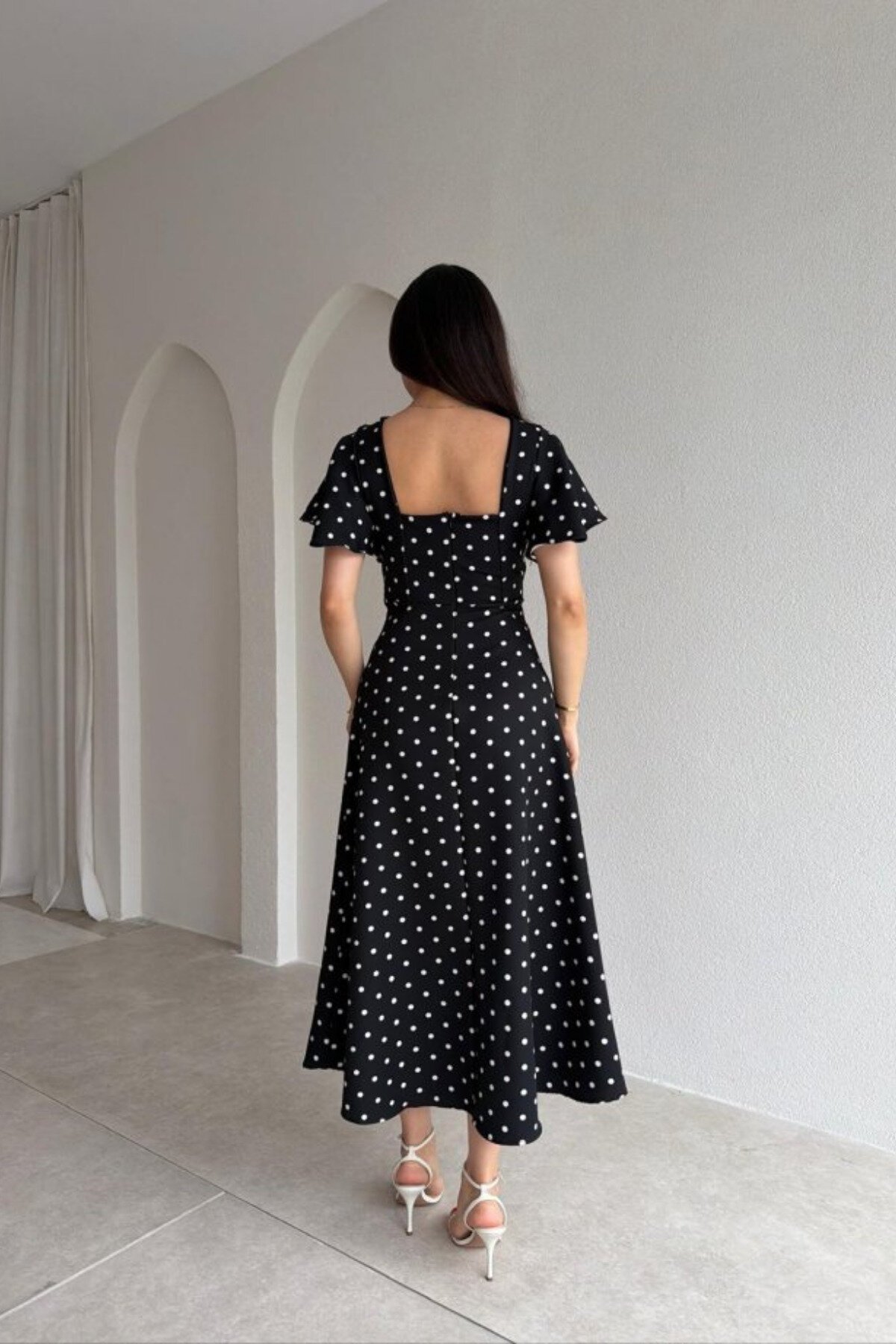 Midi Polka Dot Ruffle Dress - Black - MOZENA