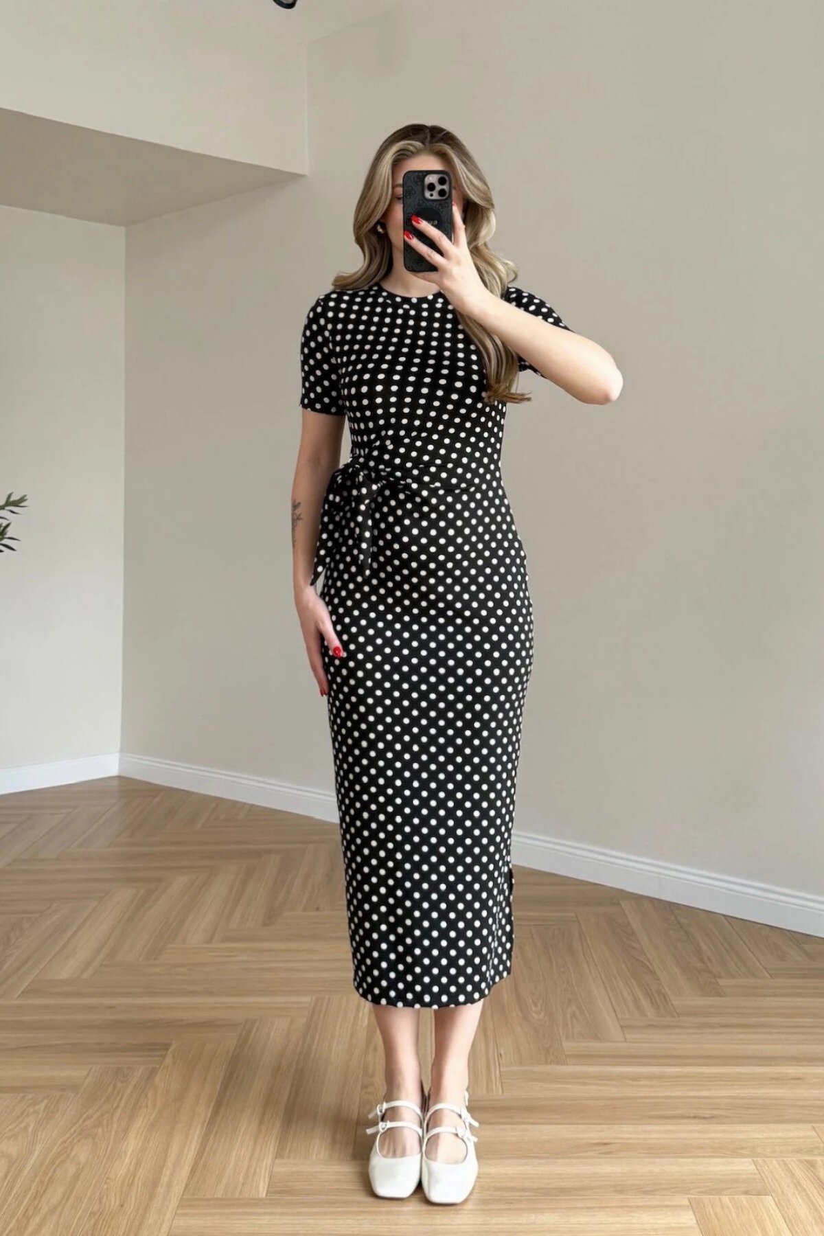 Midi Polka Dot Side-Slit Dress - Black - MOZENA