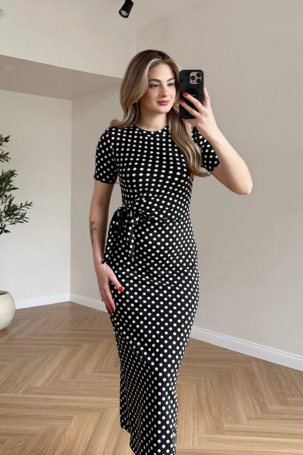 Midi Polka Dot Side-Slit Dress - Black - MOZENA