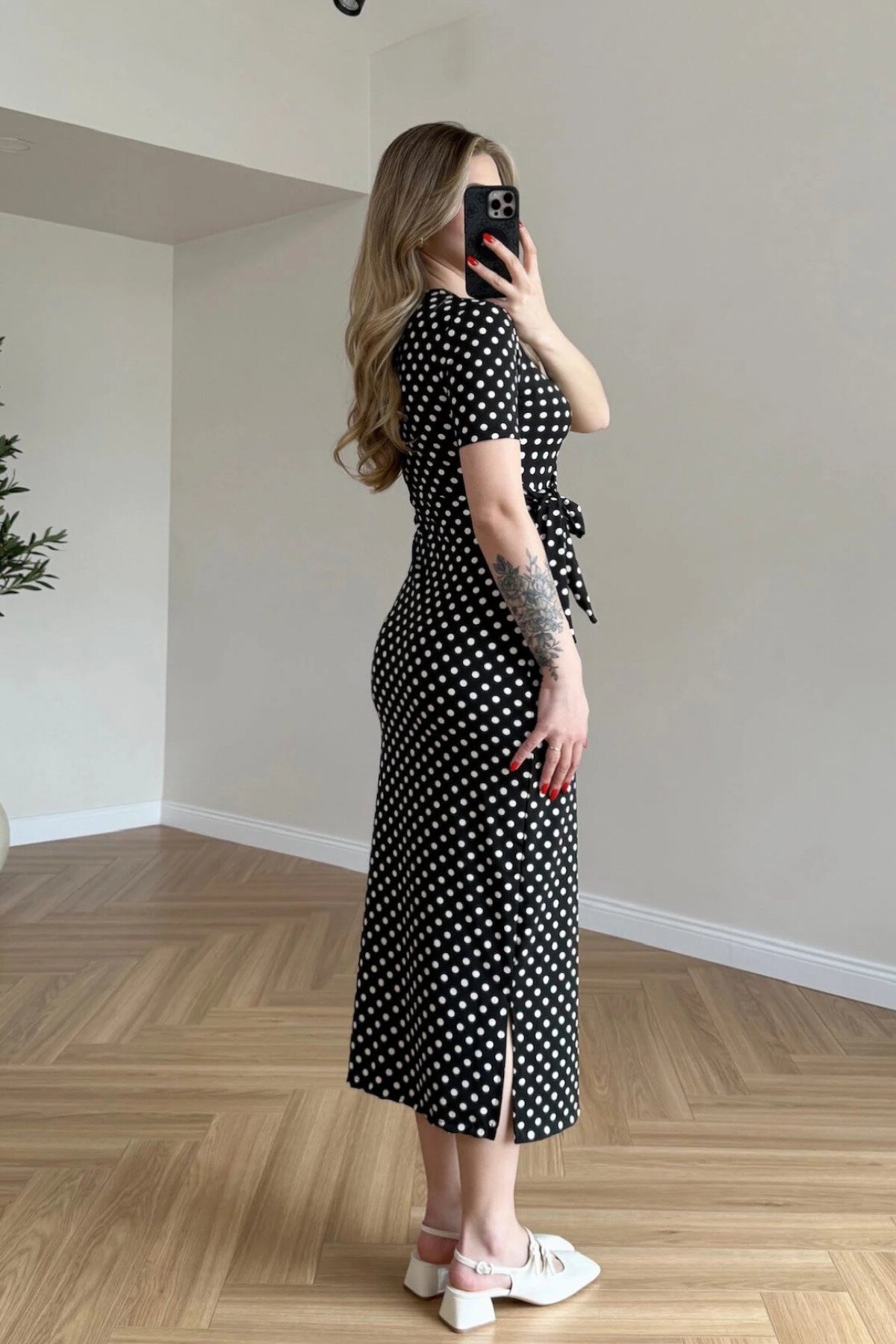 Midi Polka Dot Side-Slit Dress - Black - MOZENA