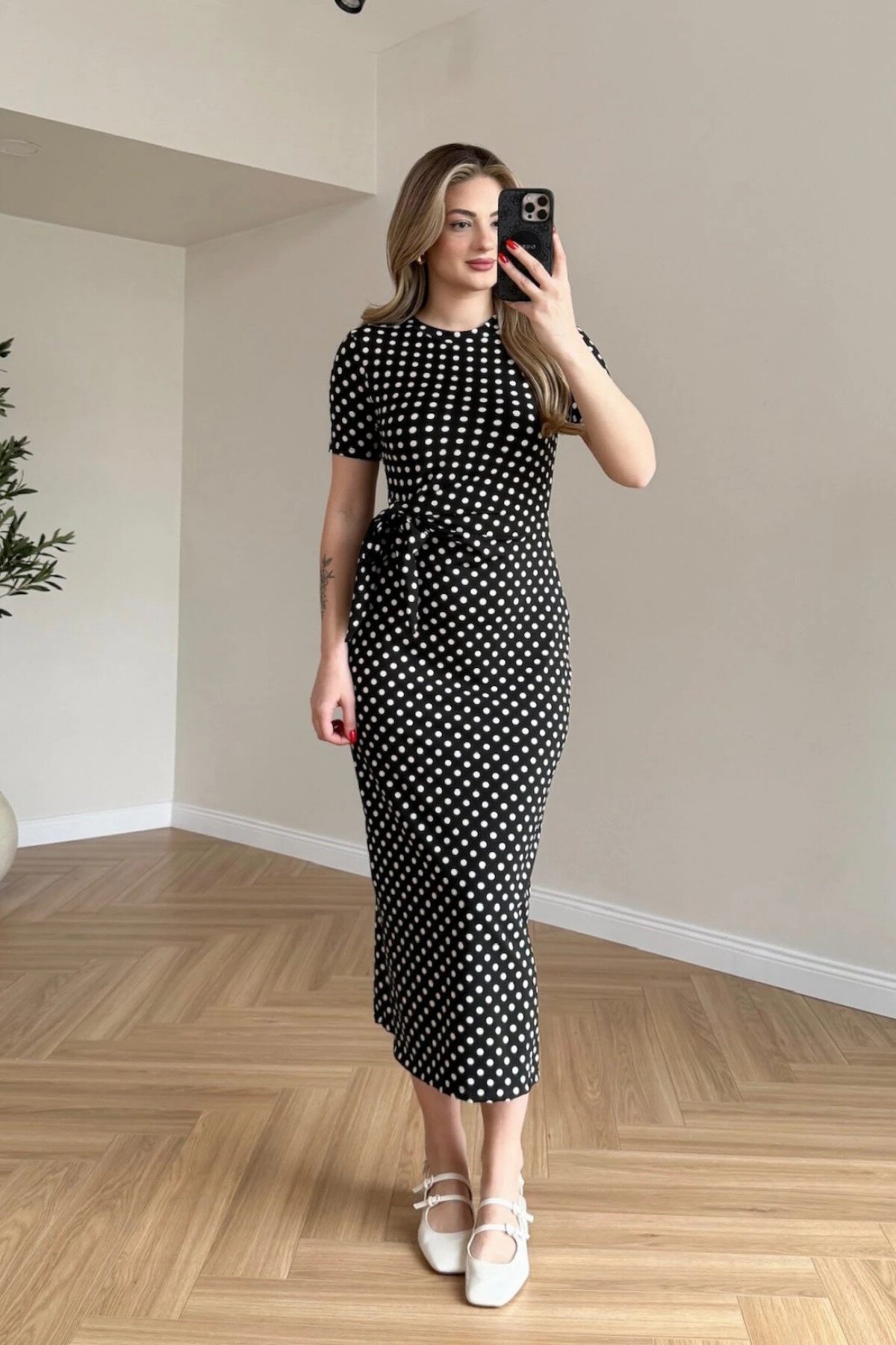 Midi Polka Dot Side-Slit Dress - Black - MOZENA