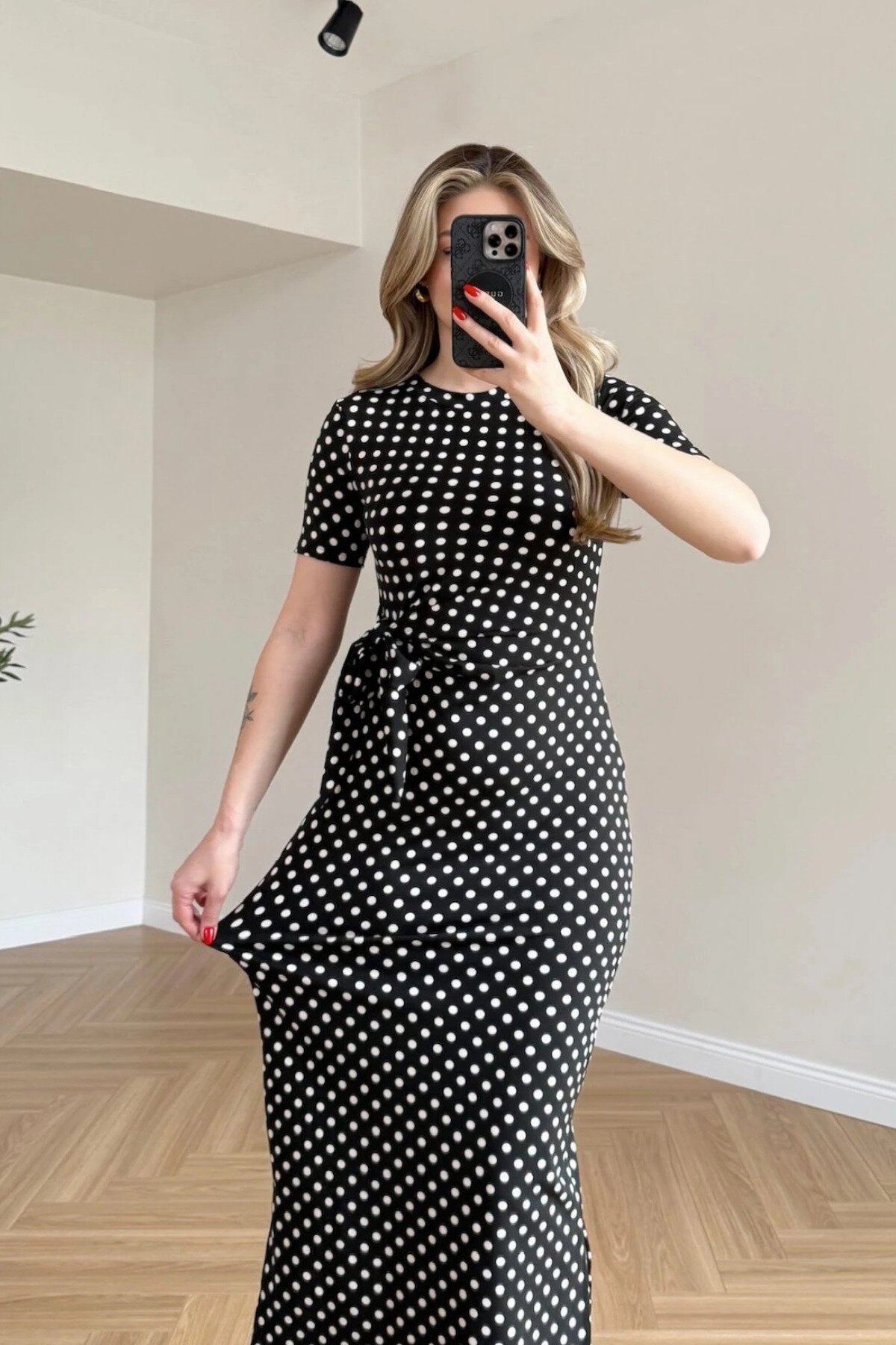 Midi Polka Dot Side-Slit Dress - Black - MOZENA
