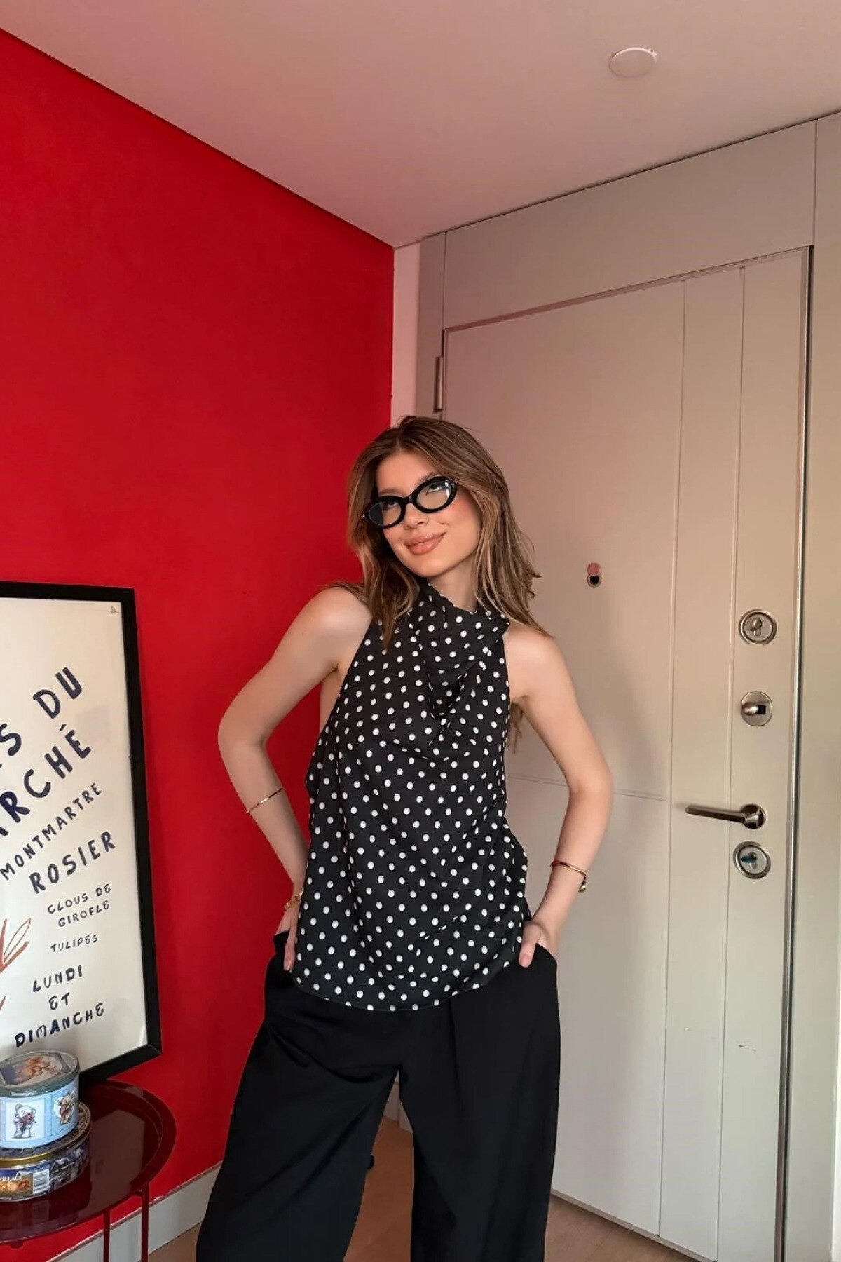 Halter Cowl Neck Polka Dot Blouse - Black - MOZENA