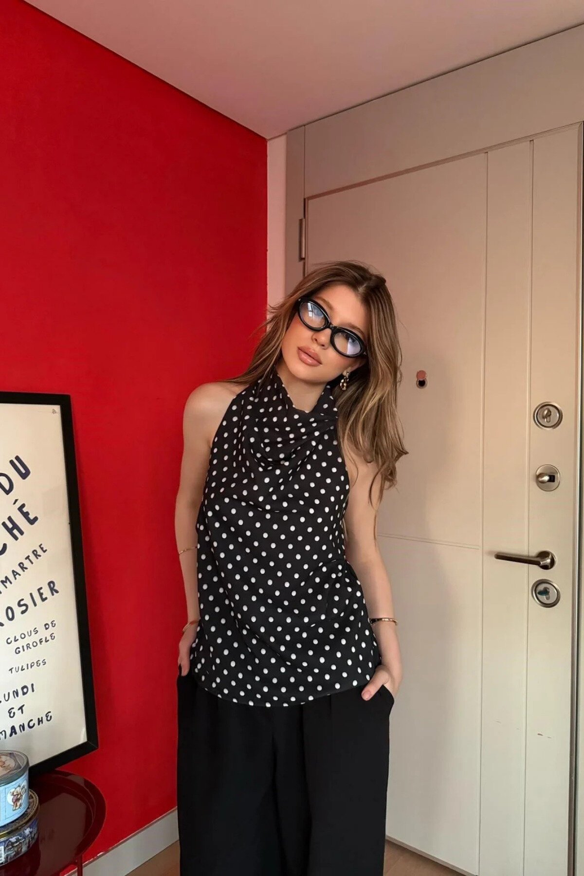 Halter Cowl Neck Polka Dot Blouse - Black - MOZENA